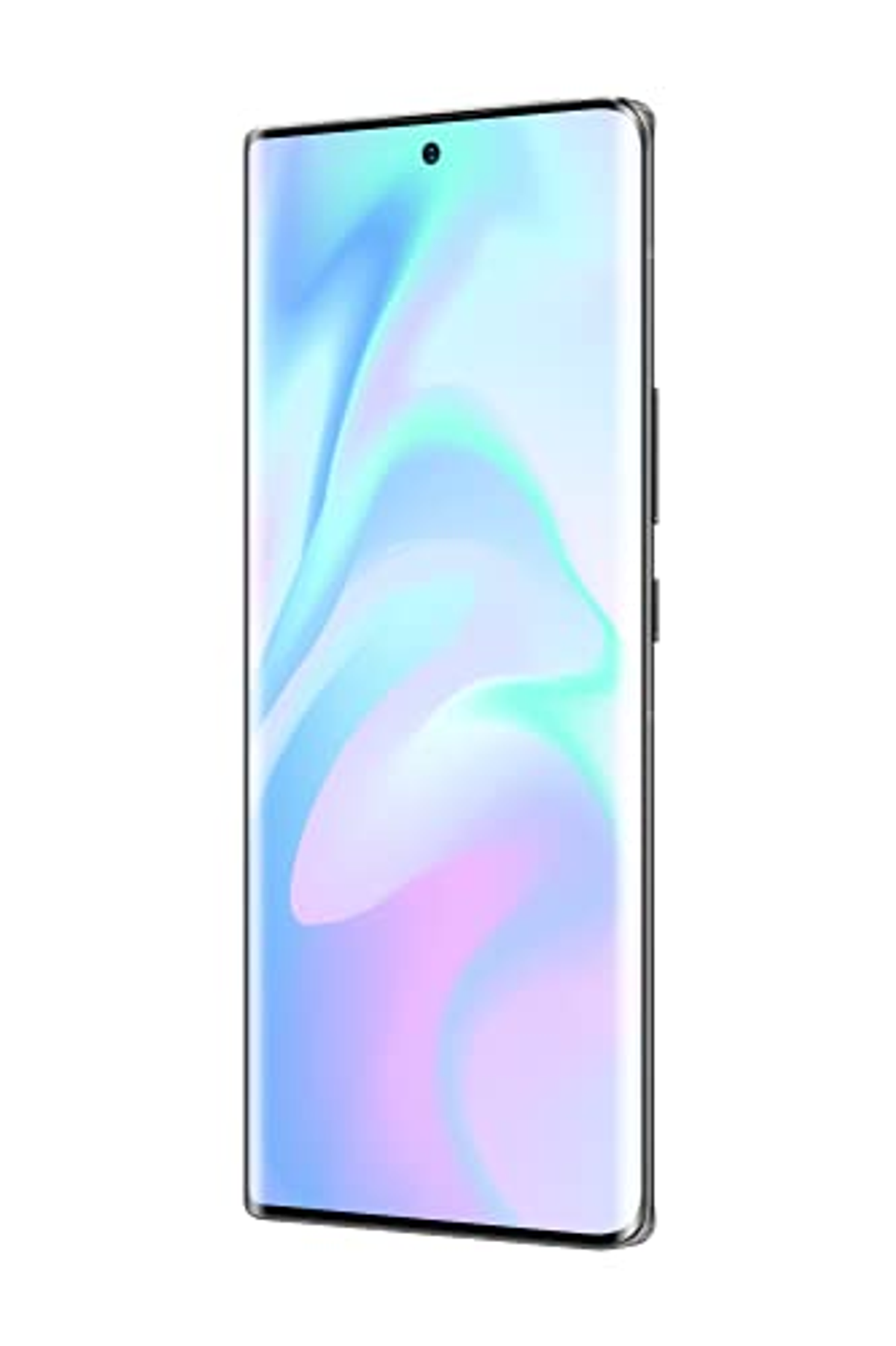 Smartphone mit lebendigem, farbwechselndem Bildschirm, Seitenansicht. Schwarzer Rahmen.