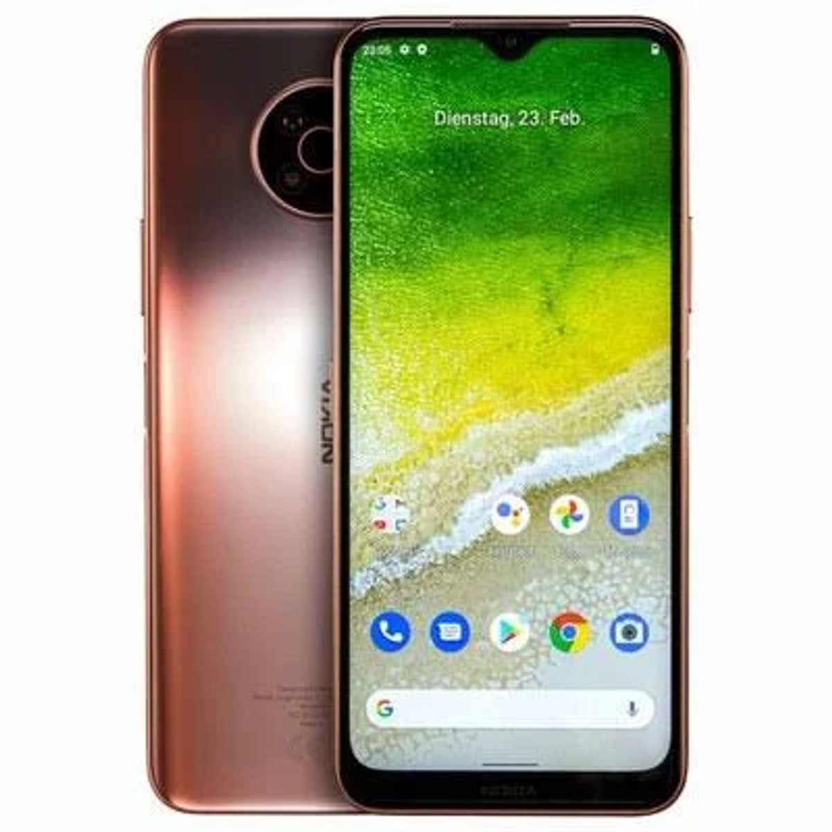 Nokia-Telefon mit Dual-Rückkamera, Bildschirm zeigt Uhrzeit und Apps.