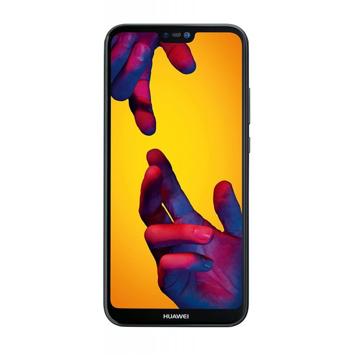 Schwarzes Smartphone mit Händen auf dem Bildschirm, gelb-blauer Hintergrund.