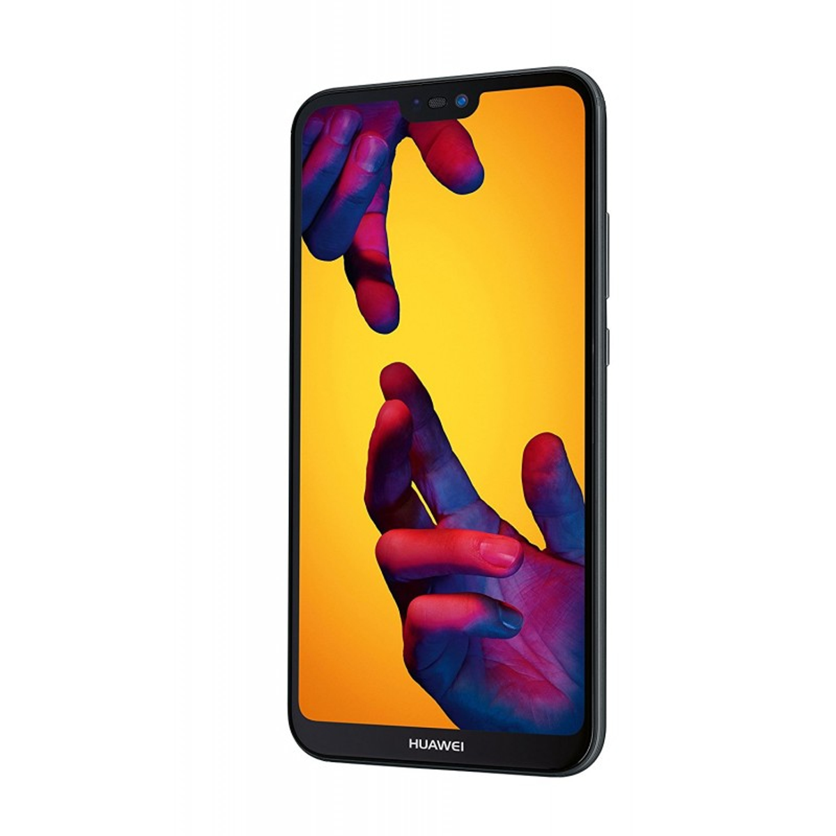 Schwarzes Huawei-Telefon, das ein farbenfrohes Bild anzeigt. Zwei Hände greifen vor einem gelben Hintergrund nacheinander.
