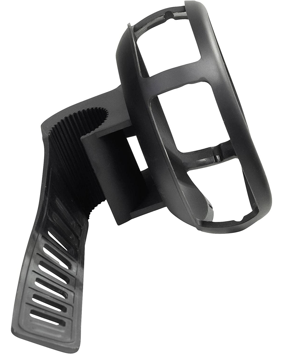 Ein schwarzes Telefonzubehör mit einem geriffelten Teil und einem kreisförmigen Halter vor weißem Hintergrund.