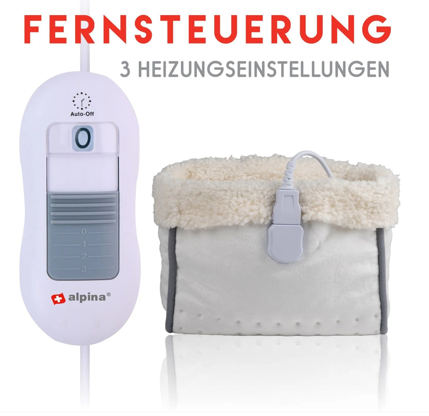 Weißes Heizkissen mit Bedienfeld, Text auf Deutsch. Es hat einen weichen, weißen, flauschigen Rand.