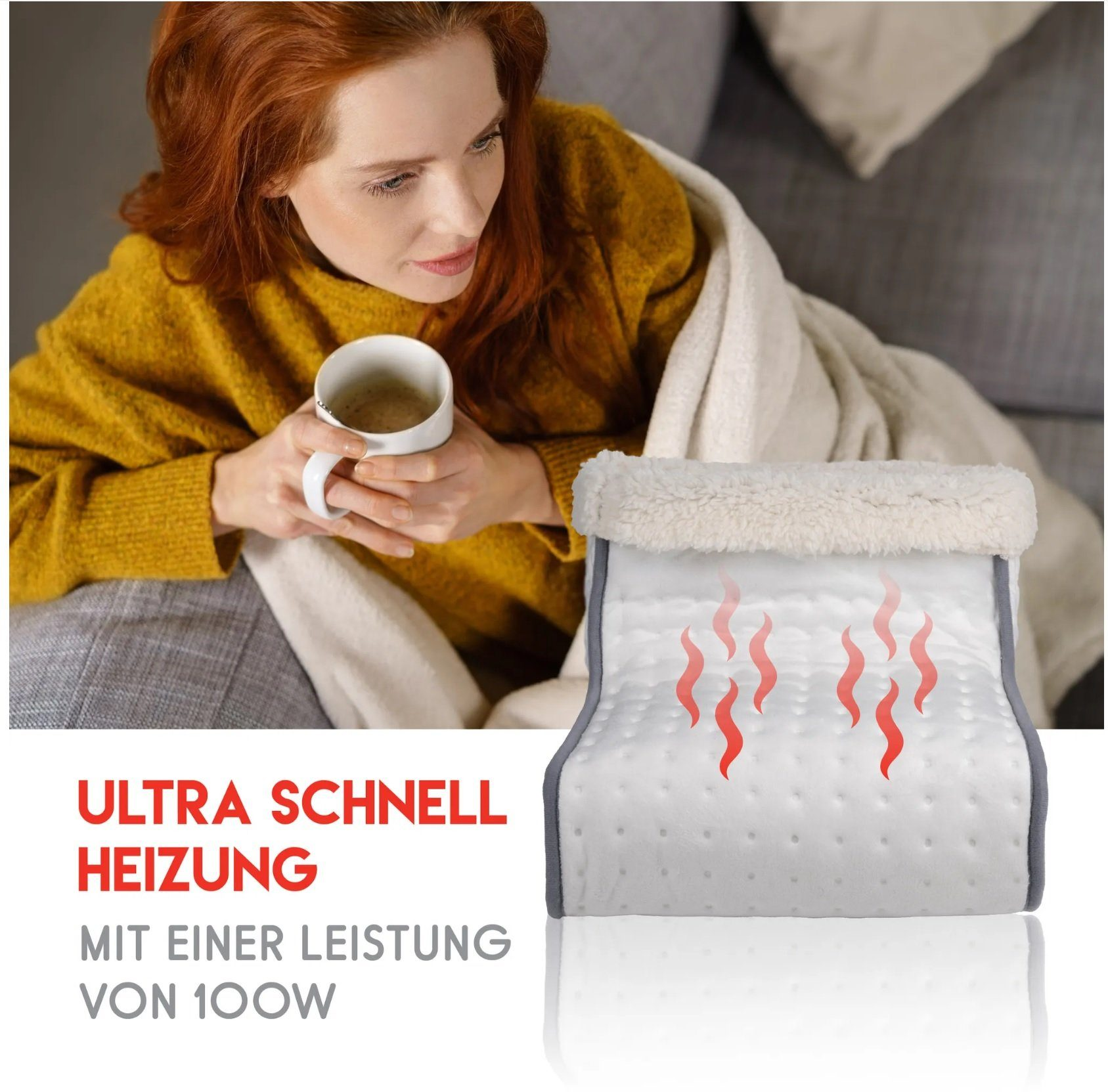 Frau mit roten Haaren hält eine Tasse, mit Heizkissen, Text 'Ultra Schnell Heizung'.