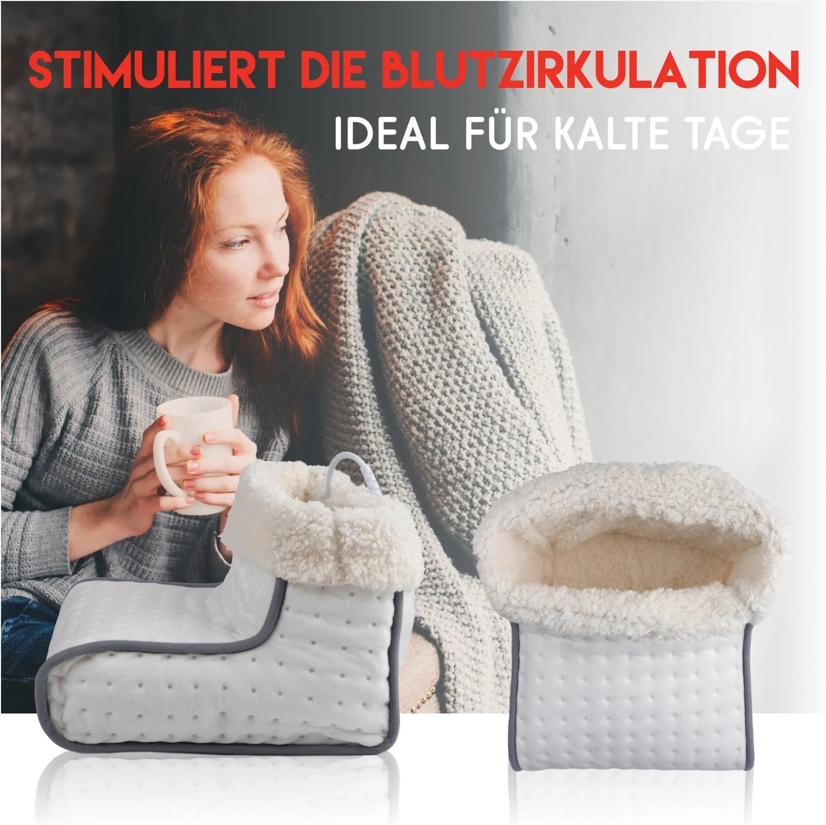 Frau mit Decke und Fußwärmern mit deutschem Text.