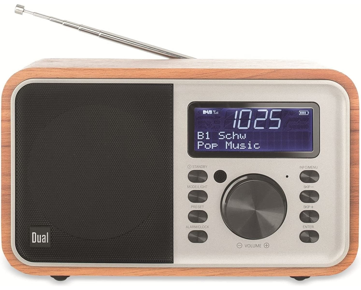 Ein Holzrahmen-Radio mit Digitalanzeige, die Uhrzeit und Radiosenderinformationen anzeigt.
