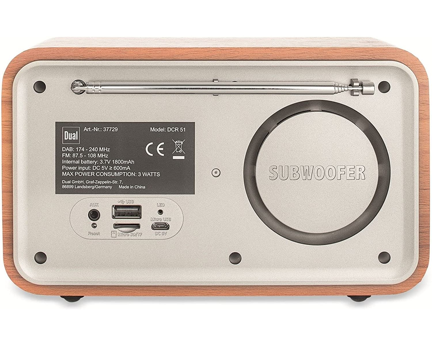 Die Rückseite eines Holzradios mit Subwoofer, Antenne und verschiedenen Anschlüssen.