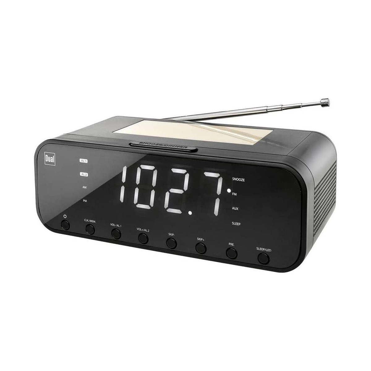 Ein schwarzes digitales Radiowecker mit großem Digitaldisplay, das 102,7 anzeigt.