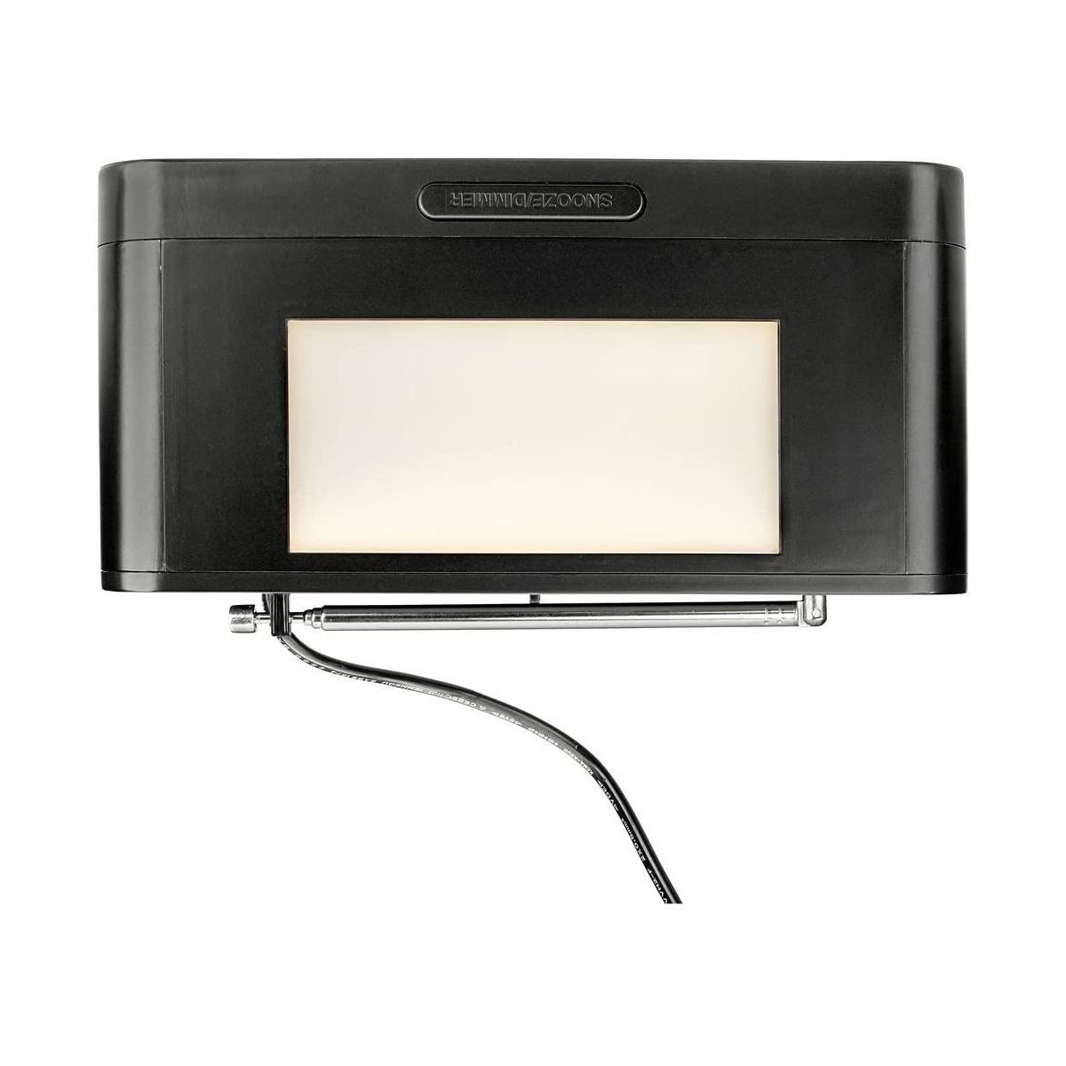 Schwarzer rechteckiger Wecker mit 'SNOOZE DIMMER' oben, einem Licht und Antenne.