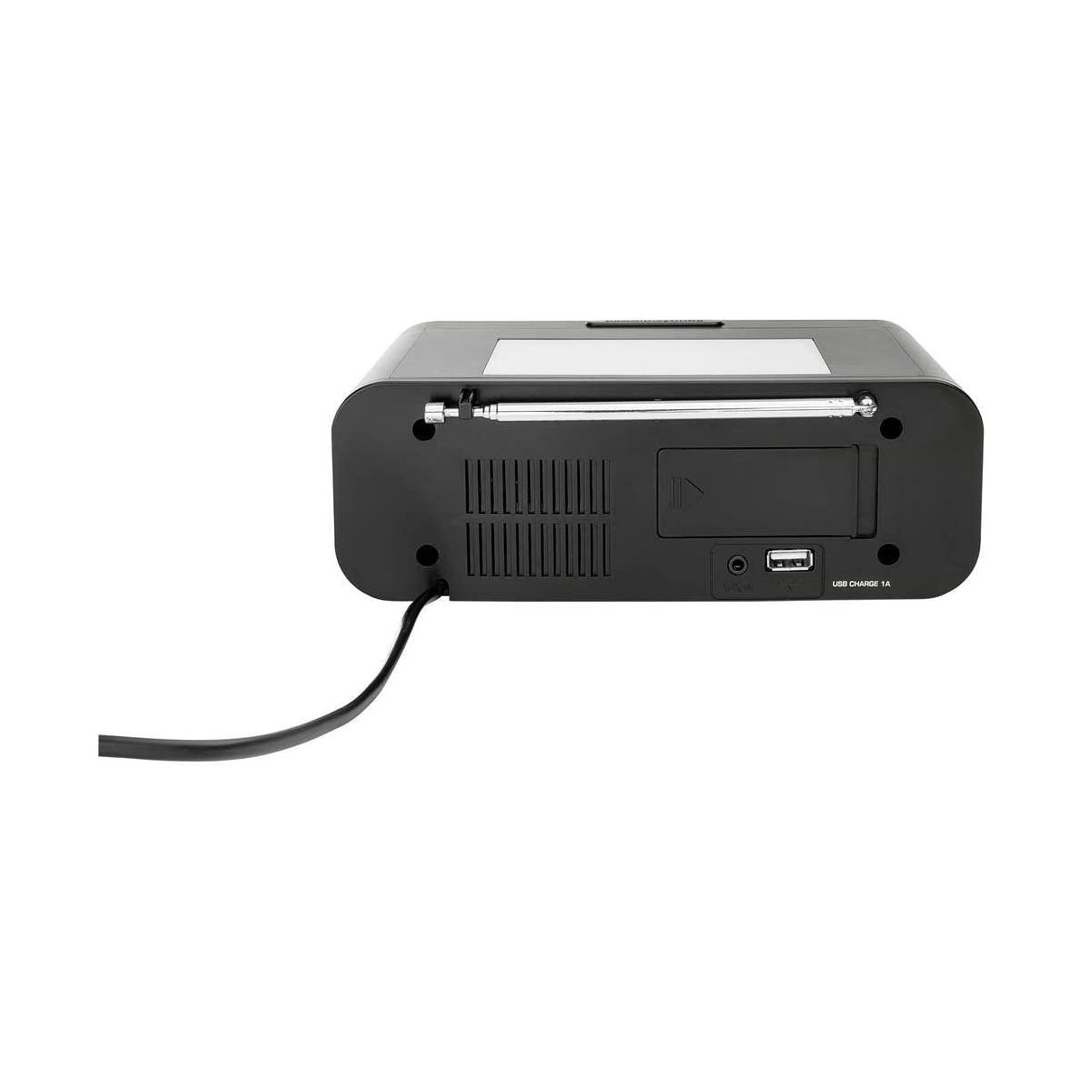 Schwarzes Digitalradiowecker. Merkmale: USB-Ladeanschluss, Antenne, Bedientasten und ein Display.