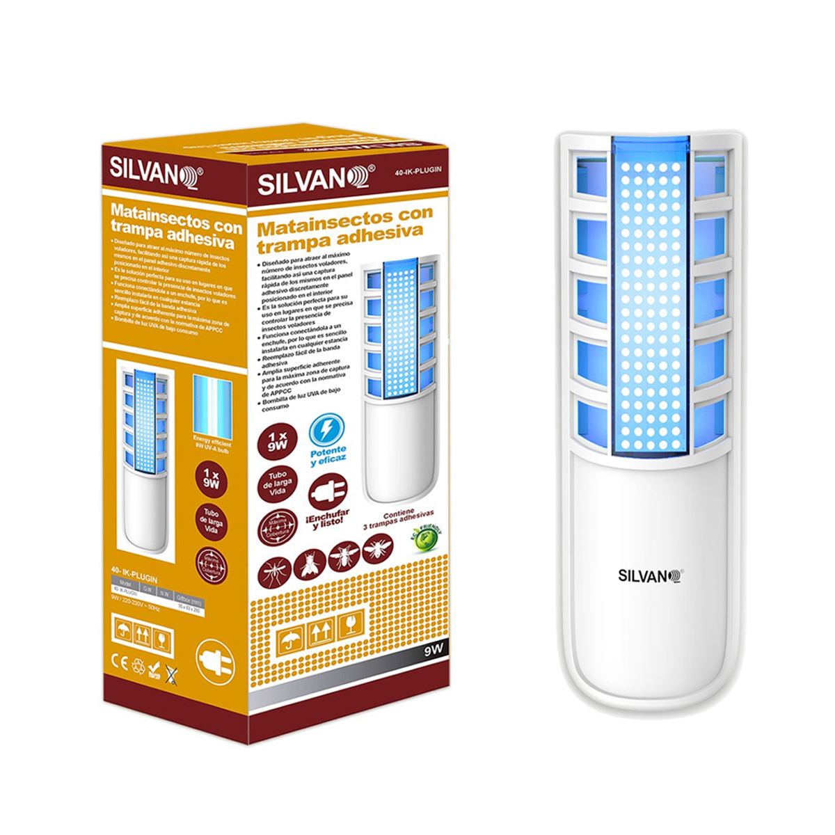 Trampa para insectos blanca y naranja con luces azules y una caja. 'SILVAN' es visible.