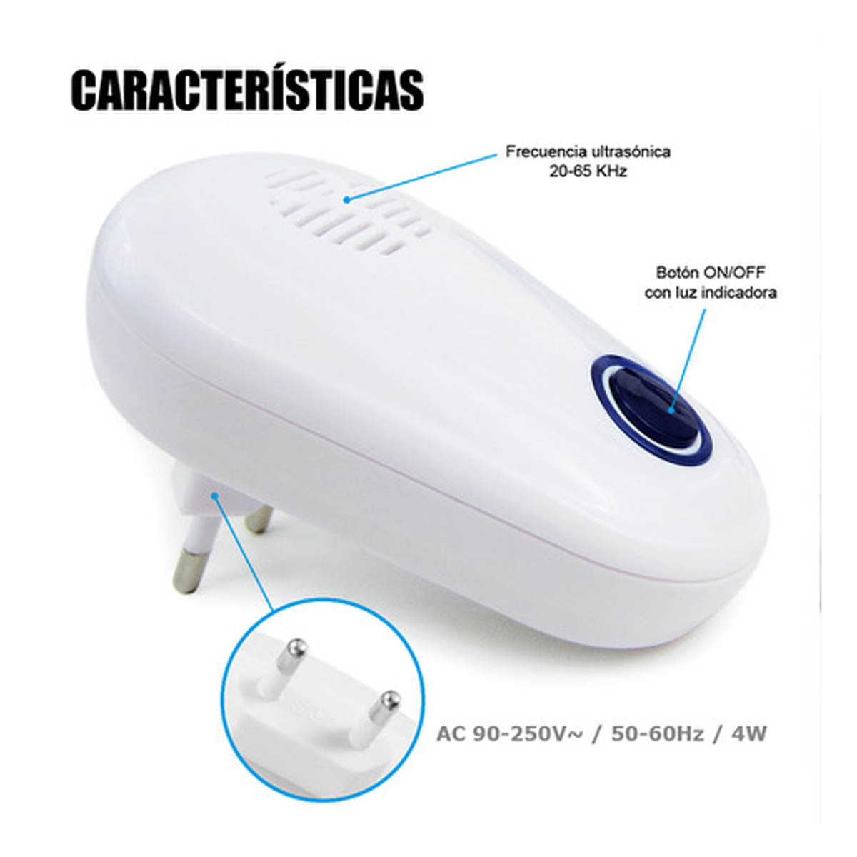 Repelente de plagas blanco con etiquetas y enchufe. Enchufe y etiquetas son azules.