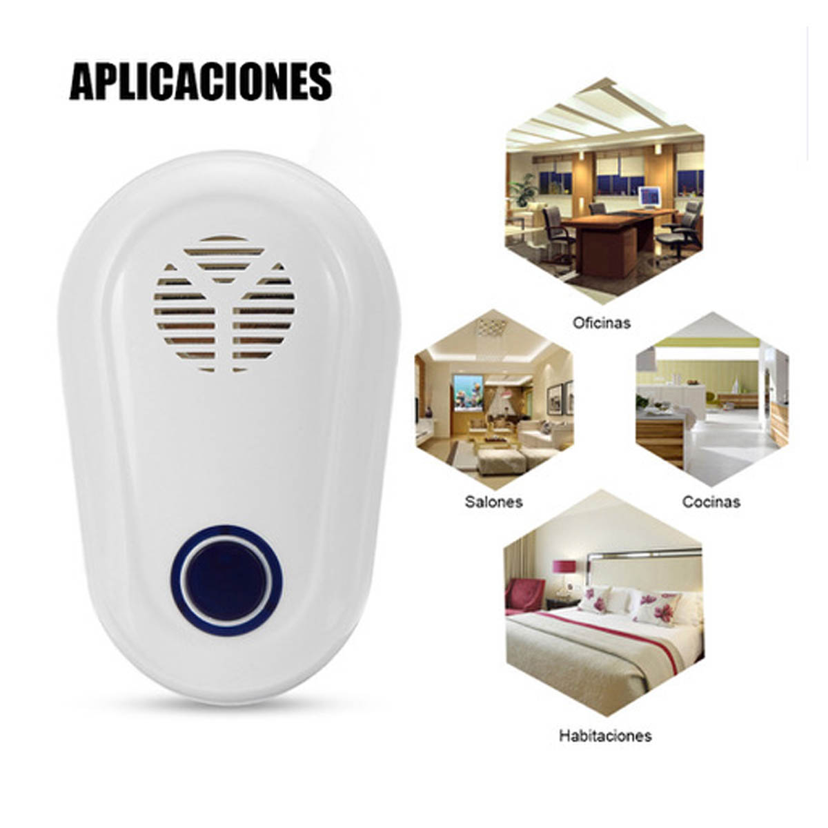 Repelente de plagas blanco con botón azul e imágenes de habitaciones donde se puede usar.