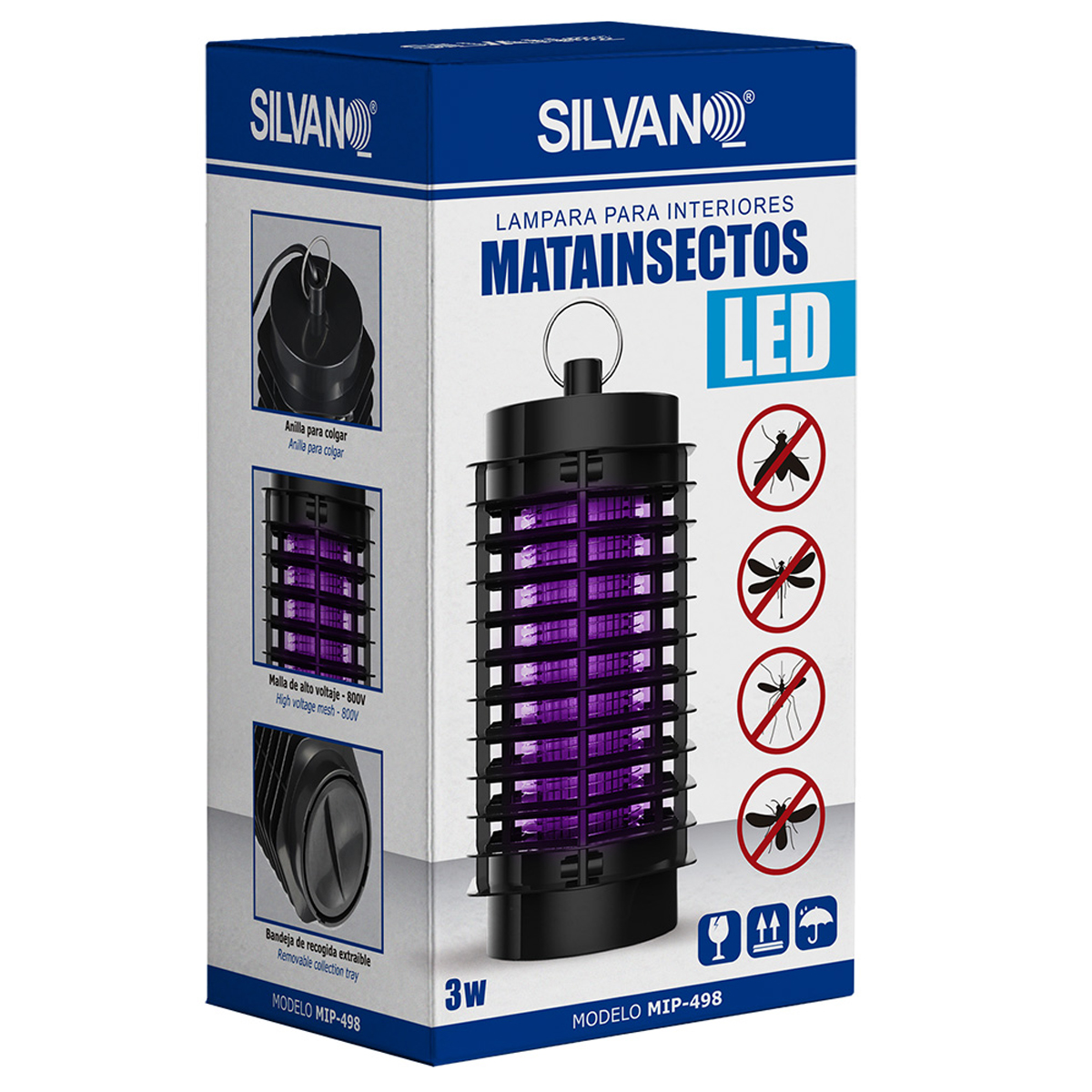 Paquete de un mata insectos LED Silvano con lazo para colgar, malla de alto voltaje y bandeja de recogida extraíble.