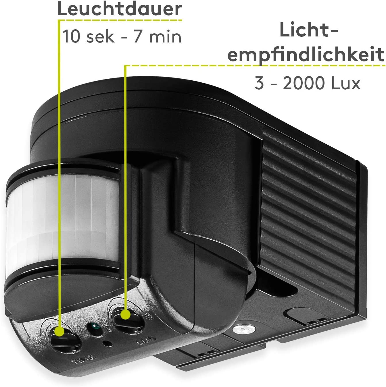 Czujnik ruchu, czarny, z regulowanymi ustawieniami. Etykiety tekstowe czas i czułość na światło.