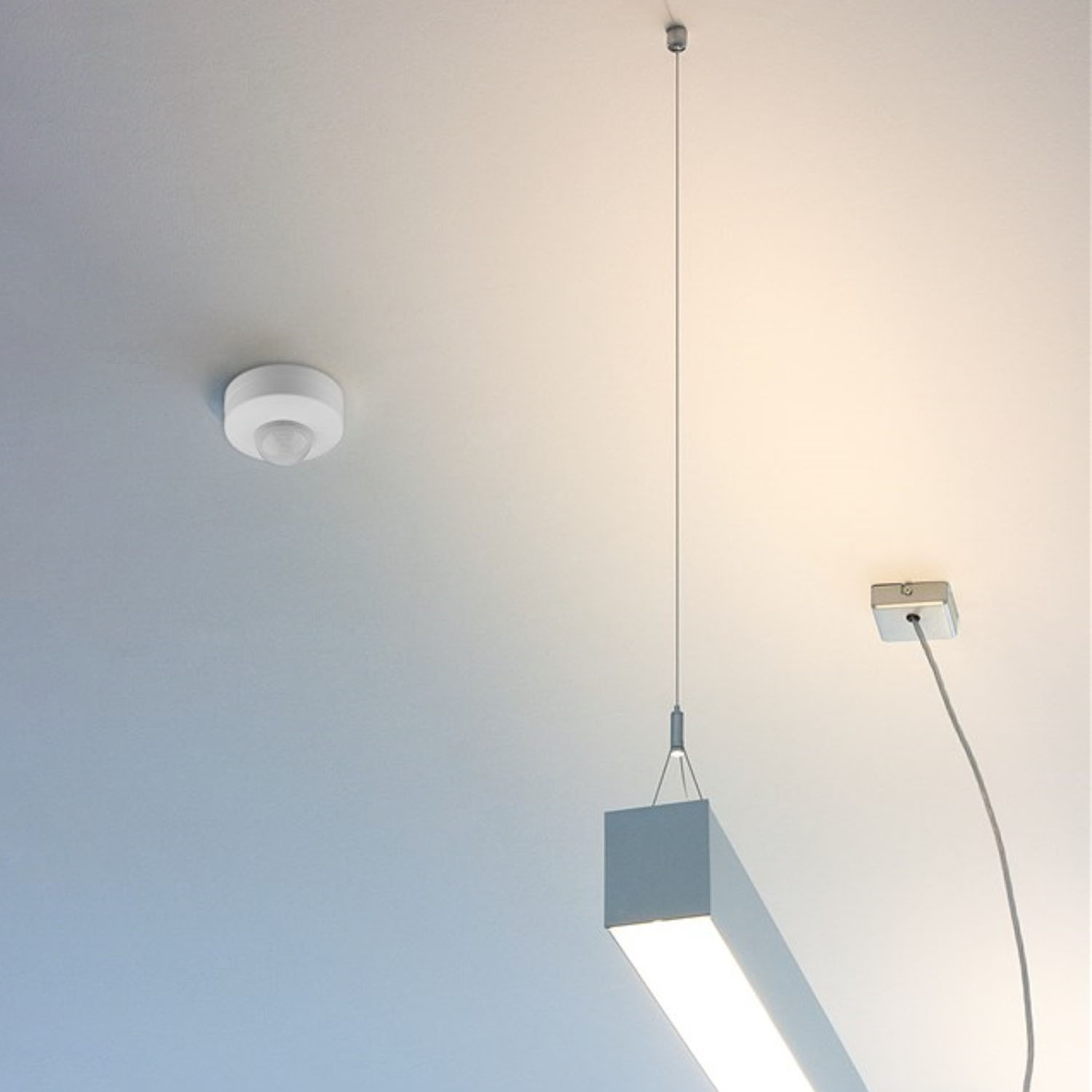 Die Decke mit Bewegungssensor, Hängeleuchte und Steckdose mit Kabel. Weiß und Grau.