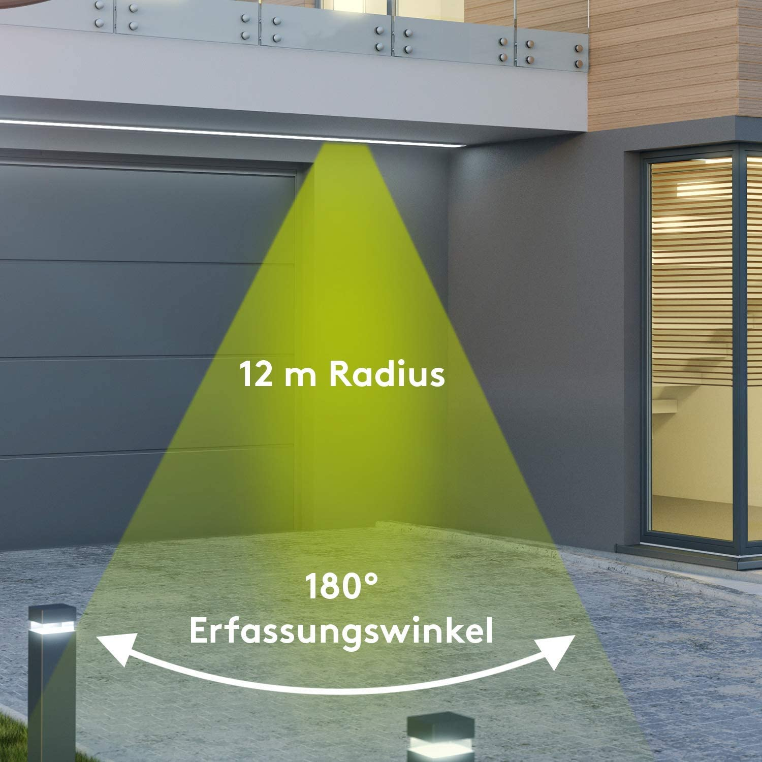 Zielona wiązka światła z garażu, kąt 180°, promień 12m. Dwa czarne światła na ziemi.