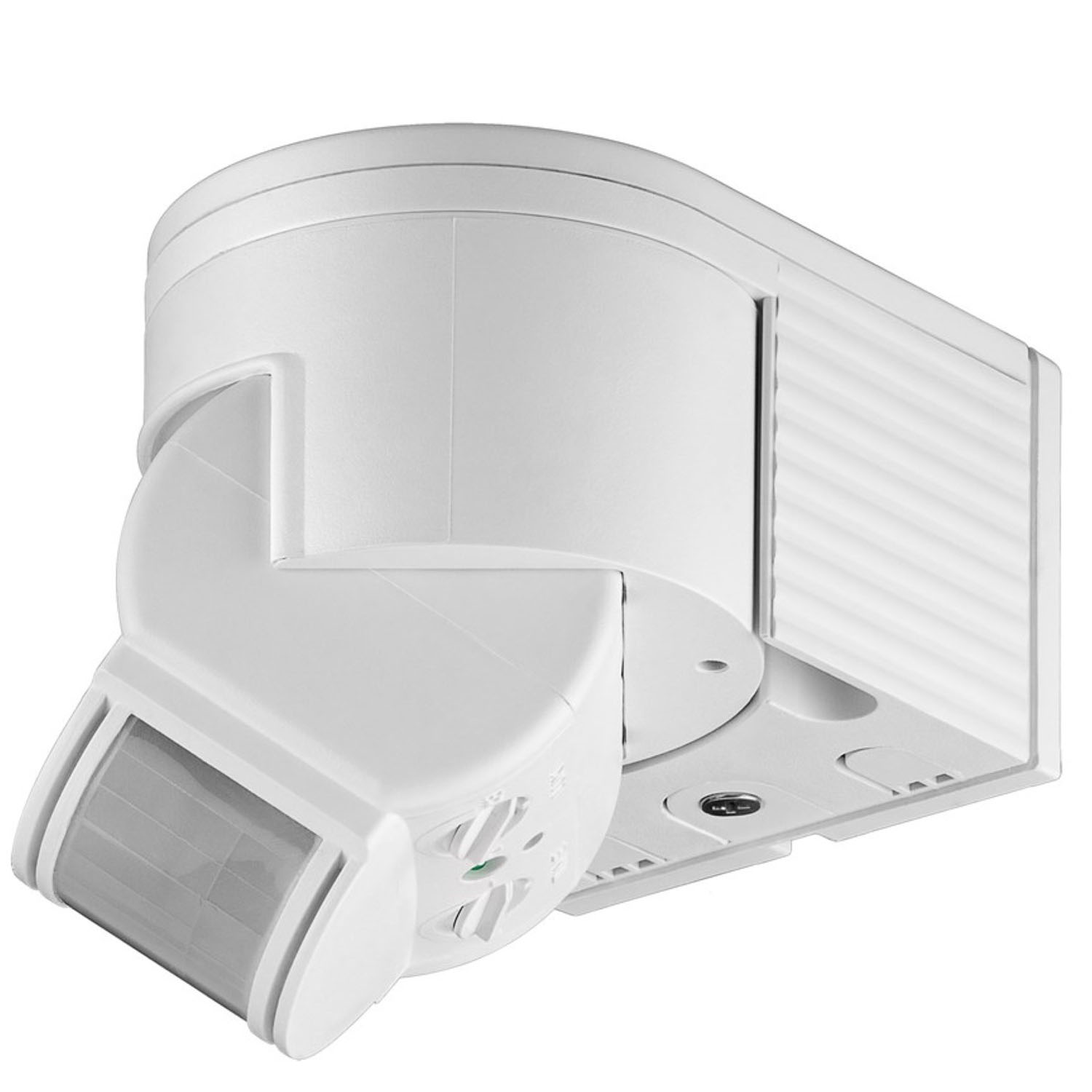 Biały czujnik ruchu z regulowanymi ramionami i szarym czujnikiem. Białe tło.