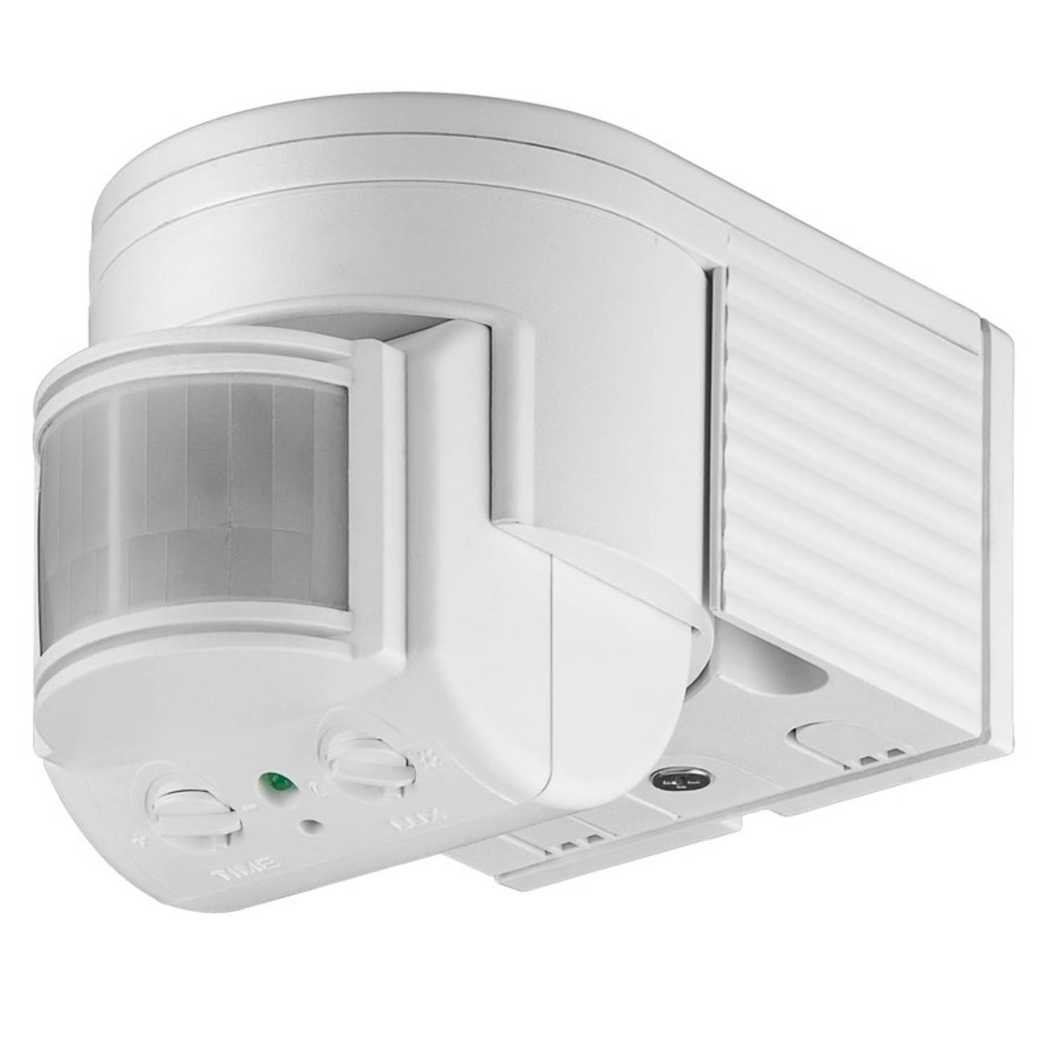 Biały czujnik ruchu z regulowanymi ustawieniami i soczewką, zamontowany na ścianie.