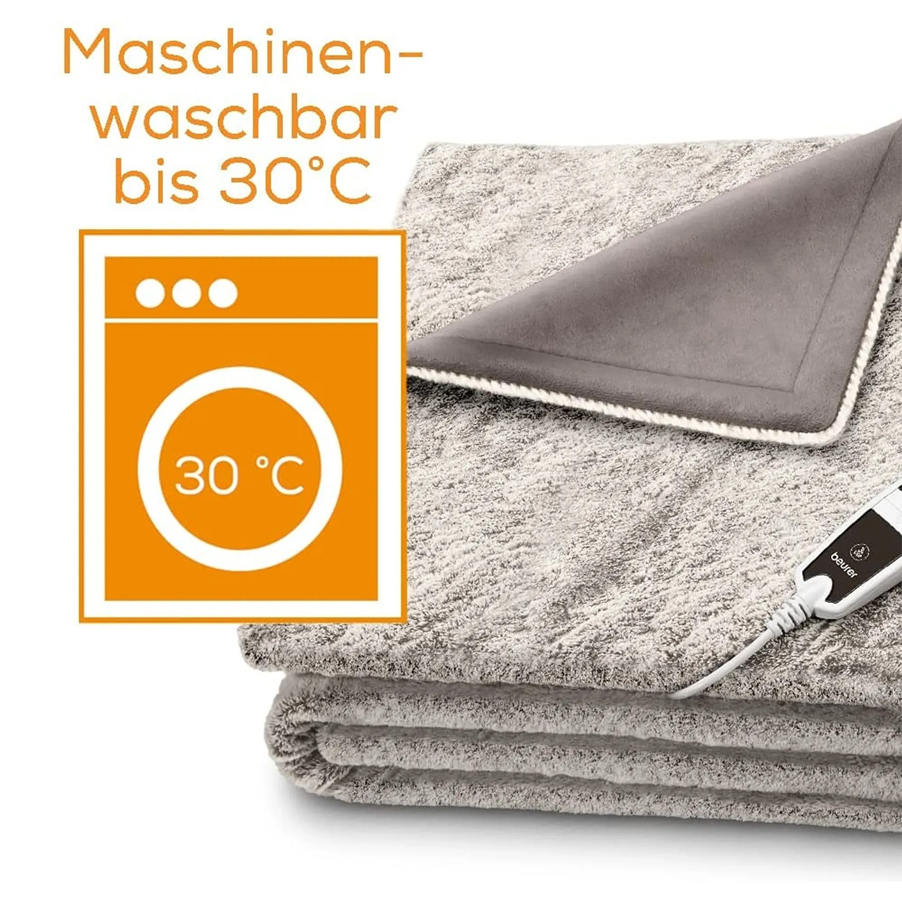 Eine gefaltete, graue Decke mit weißem Rand. Ein Waschmaschinen-Symbol zeigt an, dass sie bei 30°C gewaschen werden kann.