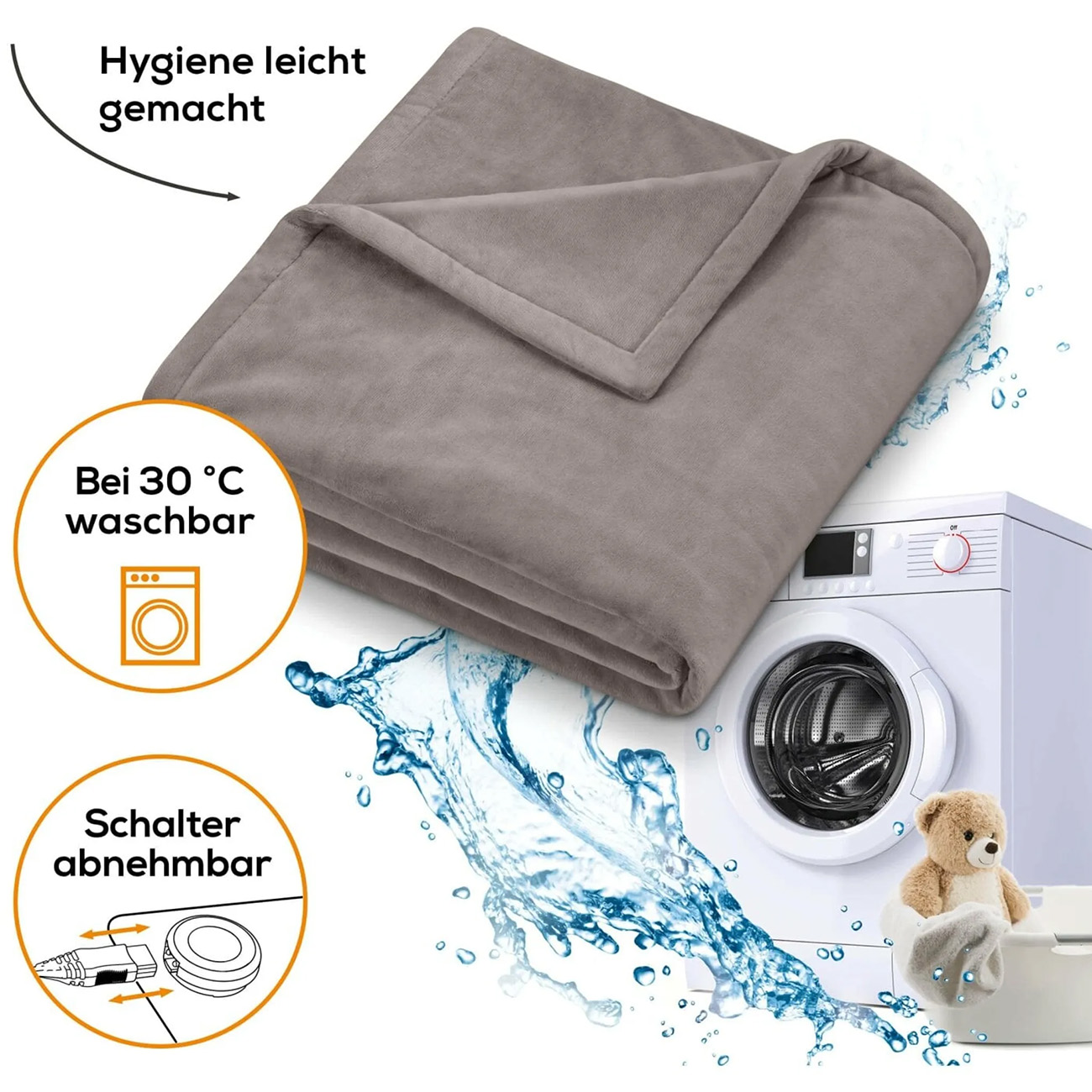 Gray blanket with a washing machine and a teddy bear.