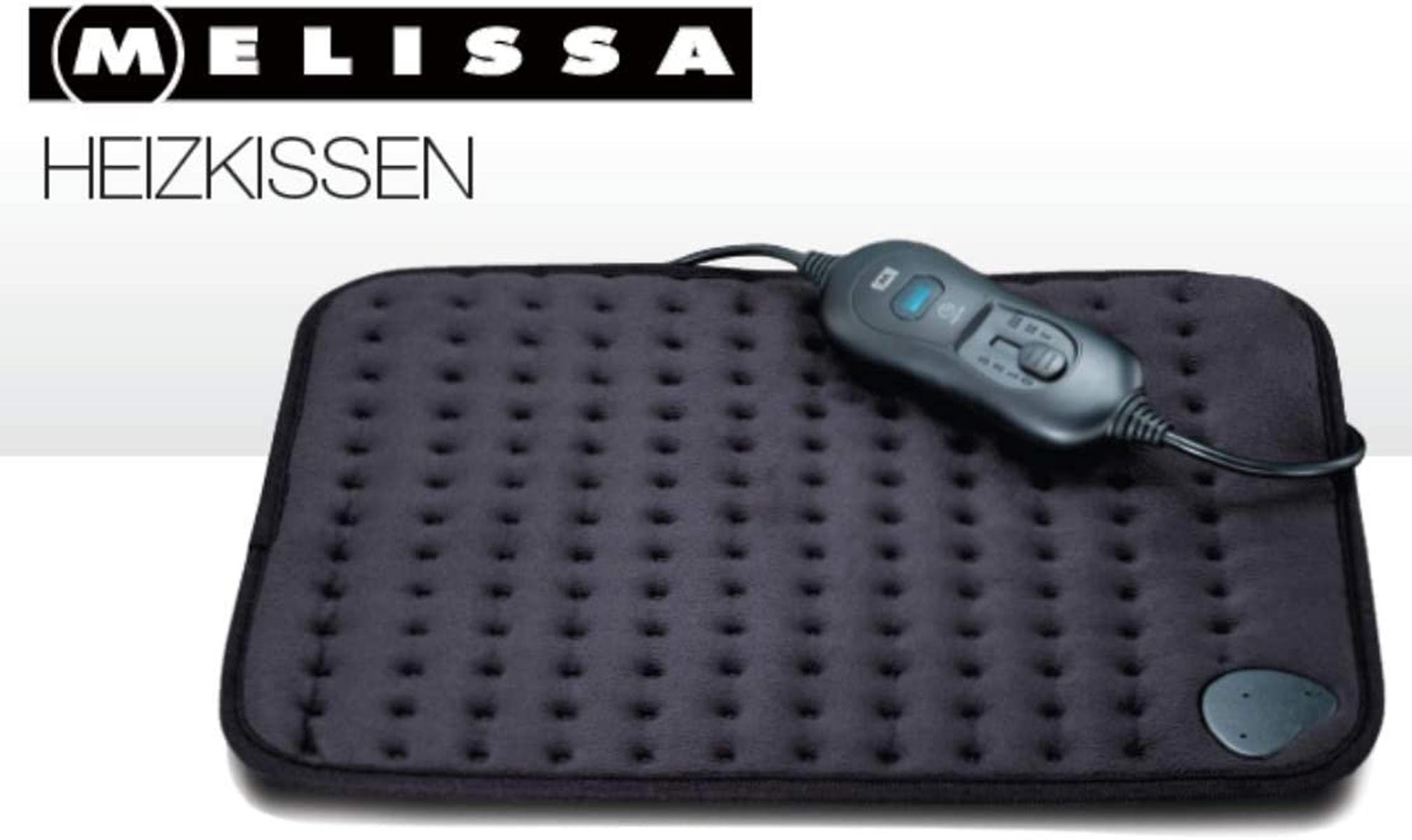 Ein schwarzes Heizkissen mit Bedienfeld und der Marke Melissa.