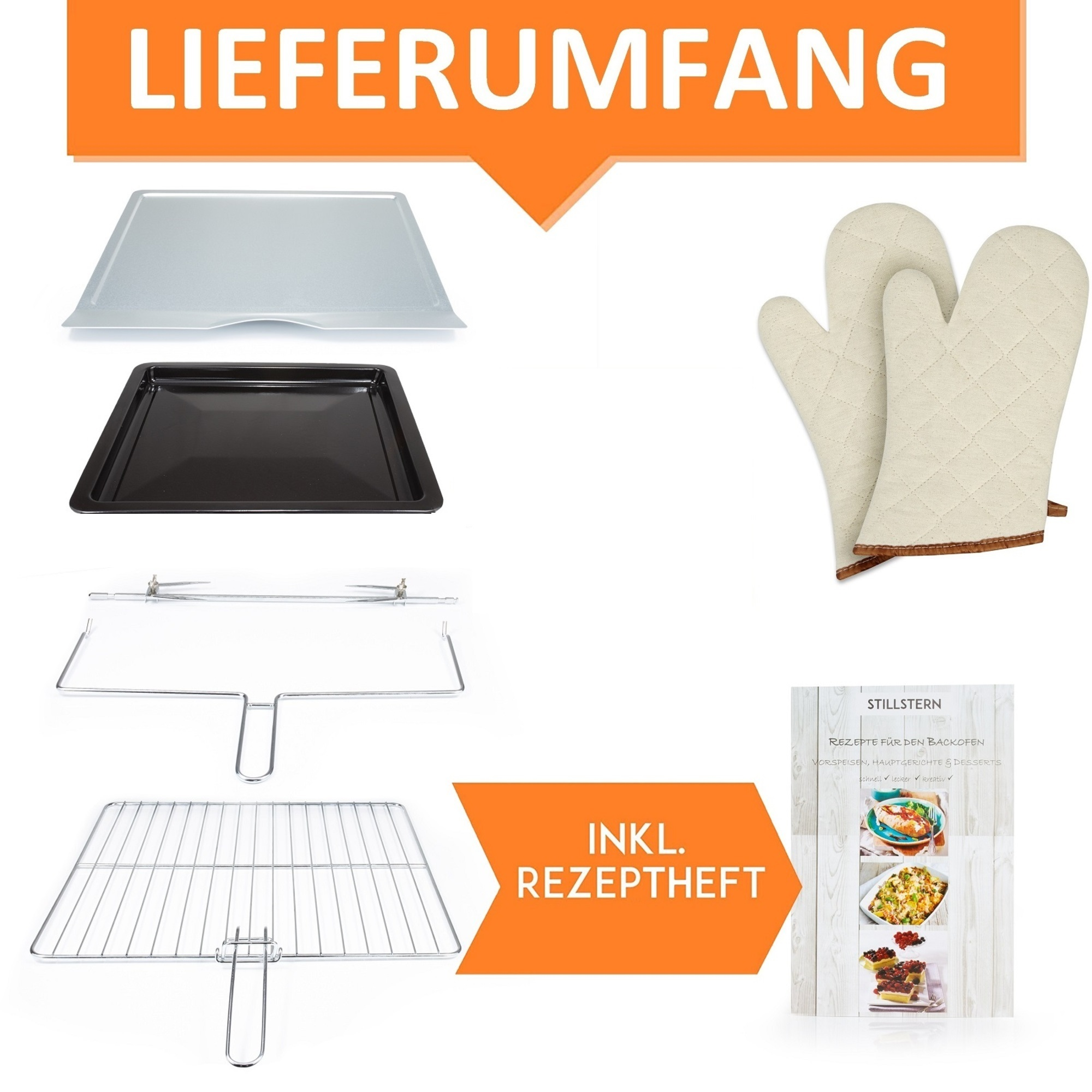 Inhalt eines Ofens, einschließlich Schalen, Roste und Ofenhandschuhe, mit dem Text „LIEFERUMFANG“.