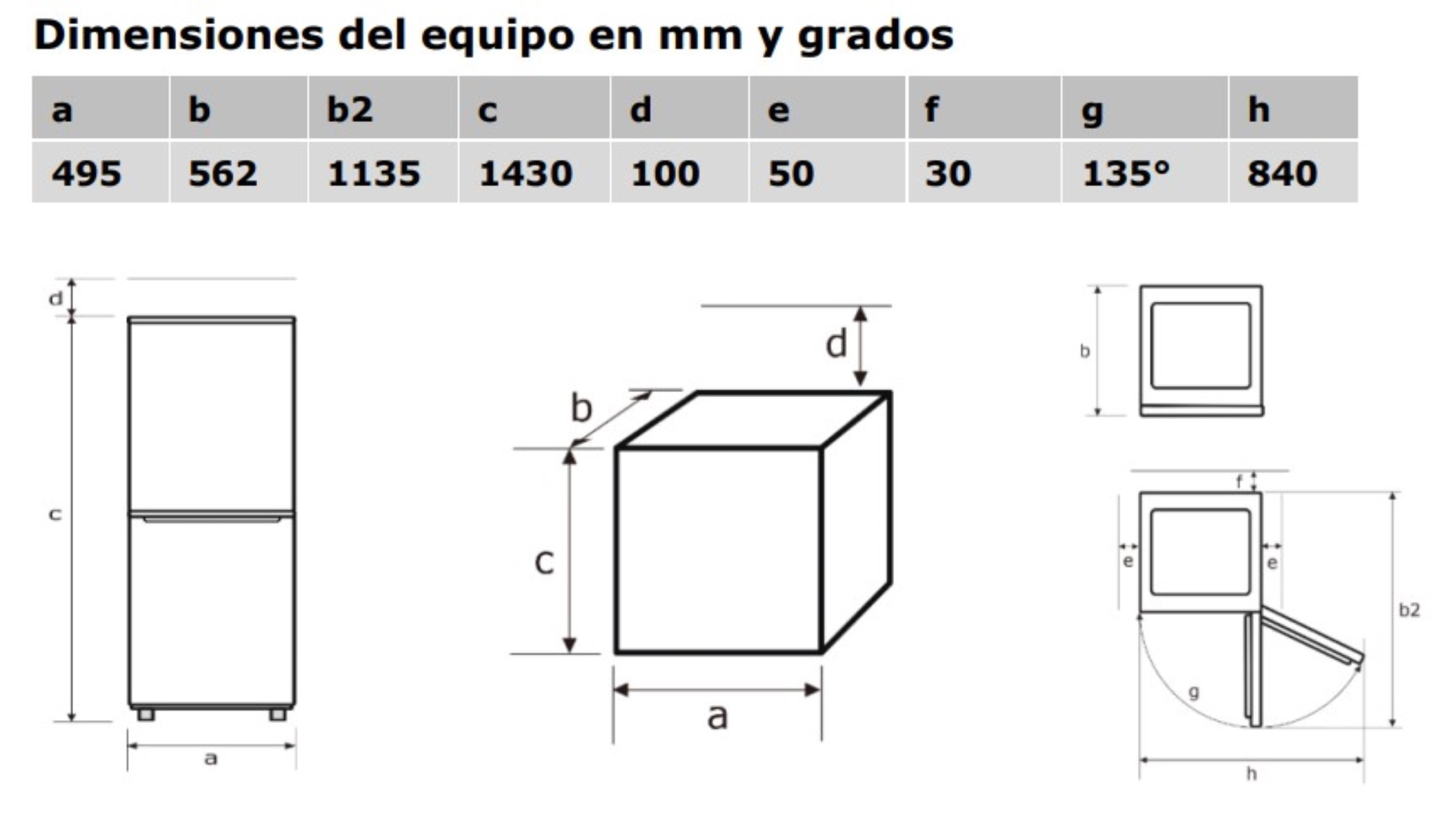 Diagrama que muestra las dimensiones de un refrigerador en mm y grados, con varias vistas.