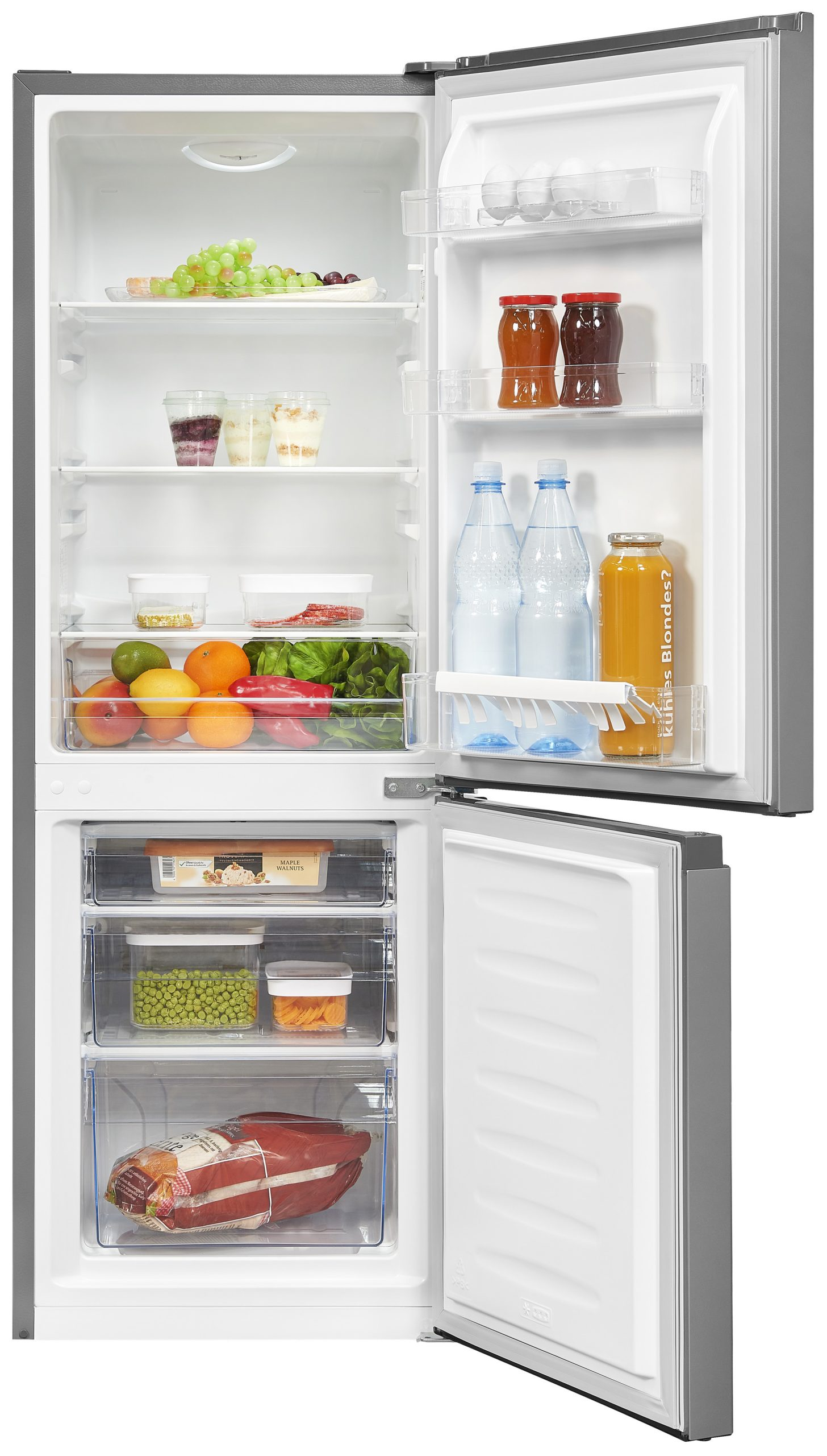 Offener Kühlschrank mit Regalen voller Lebensmittel, darunter Obst, Gemüse und Behälter.