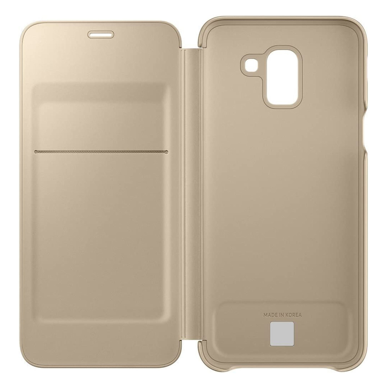Eine goldene Handyhülle, offen, mit Kartenfach und Ausschnitt für das Telefon. 'Made in Korea' innen.