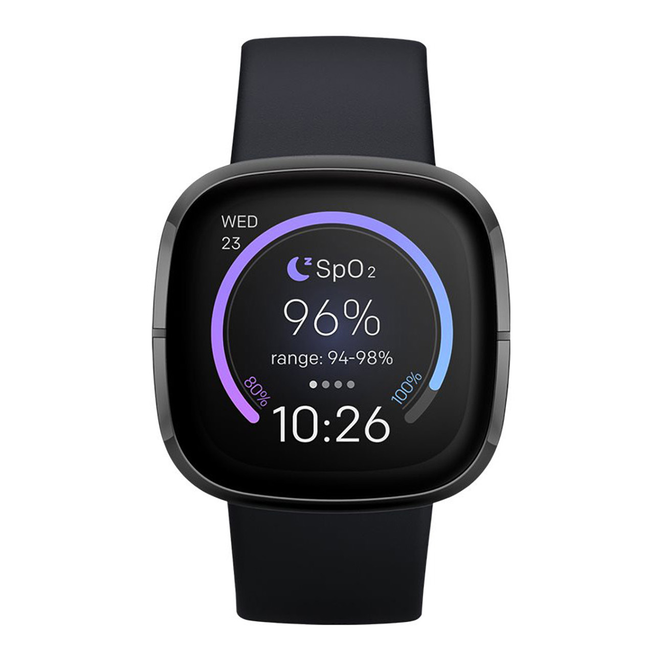 Schwarze Smartwatch mit SpO2 96 %, 10:26 Uhr-Anzeige und einem Ring, der den Prozentsatz anzeigt.