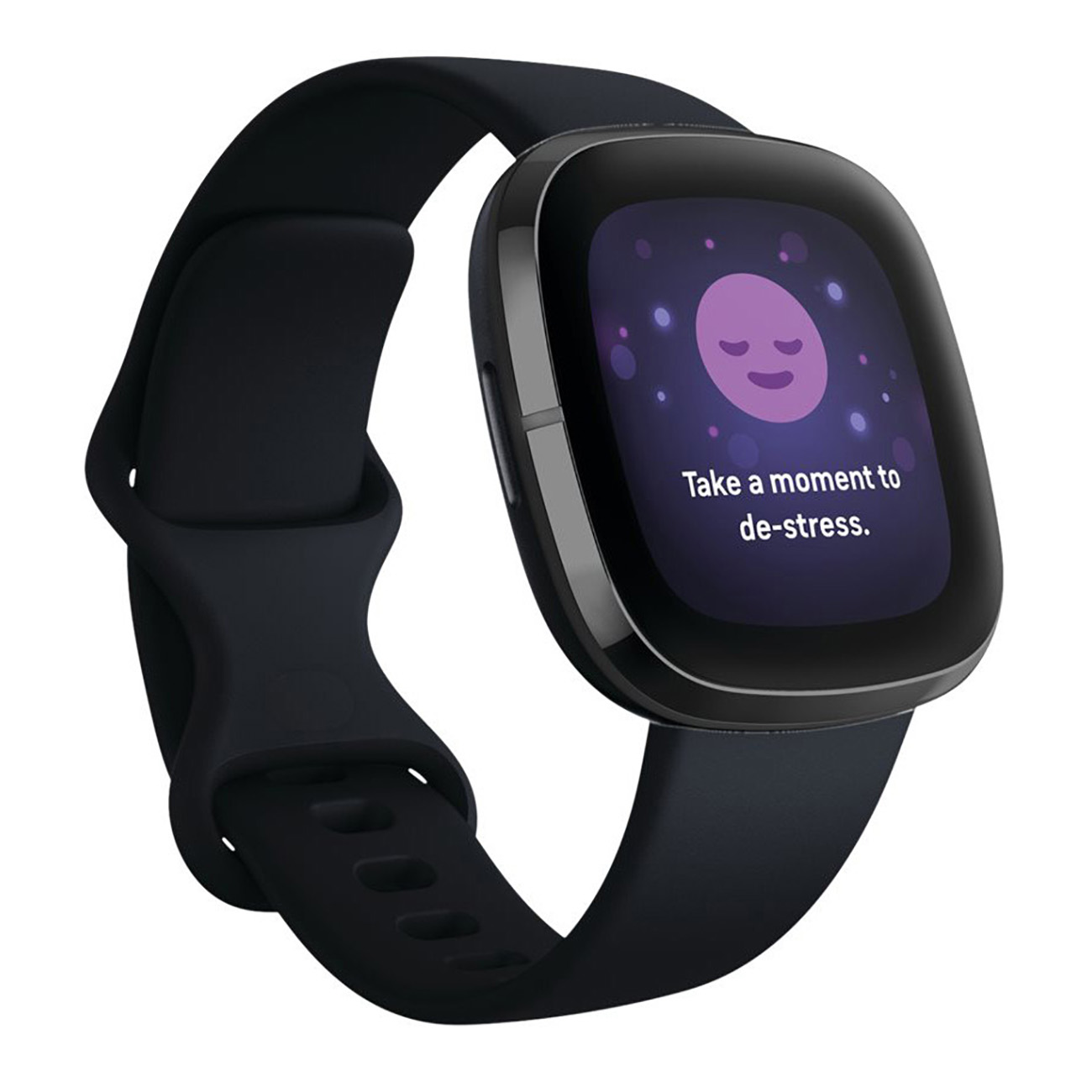 Schwarze Fitbit Versa Smartwatch, die eine Entspannungsnachricht auf dem Bildschirm anzeigt.