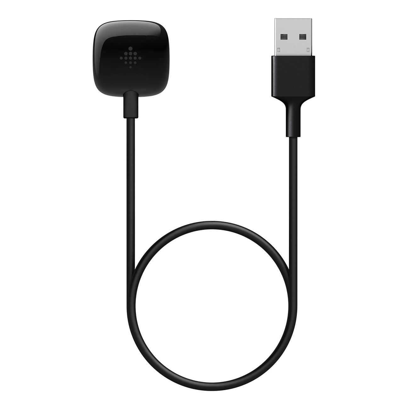 Schwarzes Fitbit-Ladekabel mit Ladestation und USB-Stecker, weißer Hintergrund.