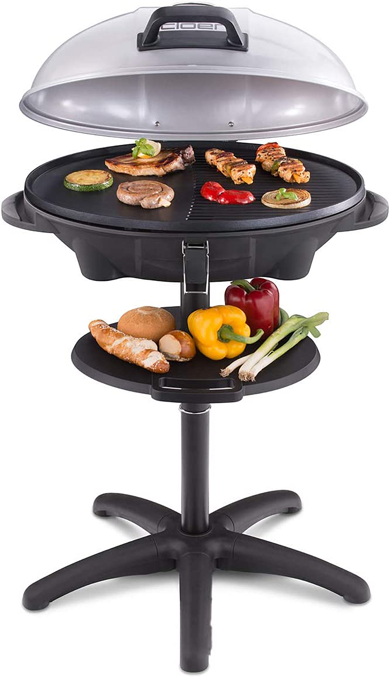 Ein elektrischer Außengrill, auf dem Essen gegrillt wird, und ein Seitentisch mit Essen.