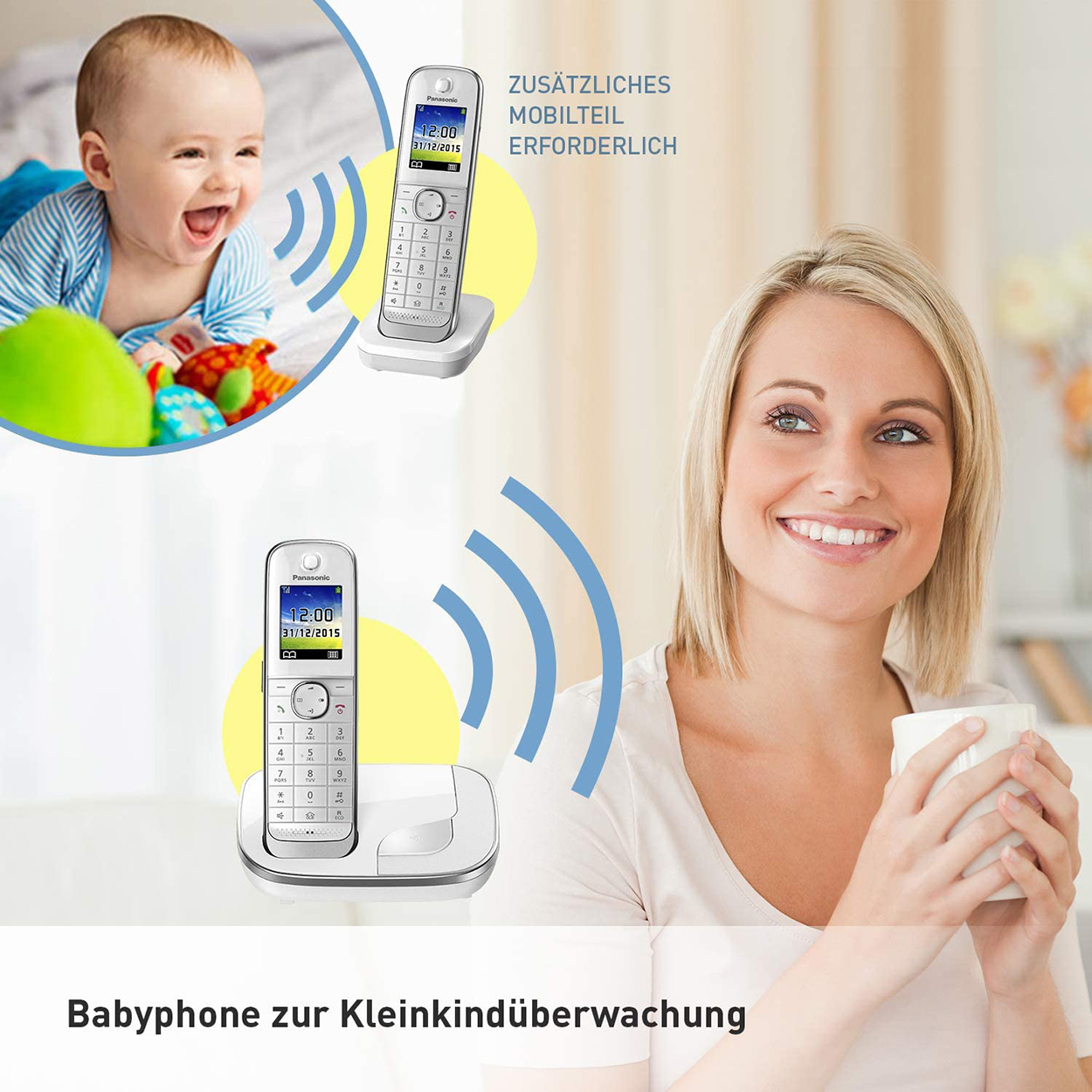 Mujer con vigilabebés, bebé al fondo. Texto: 'Babyphone zur Kleinkindüberwachung'.