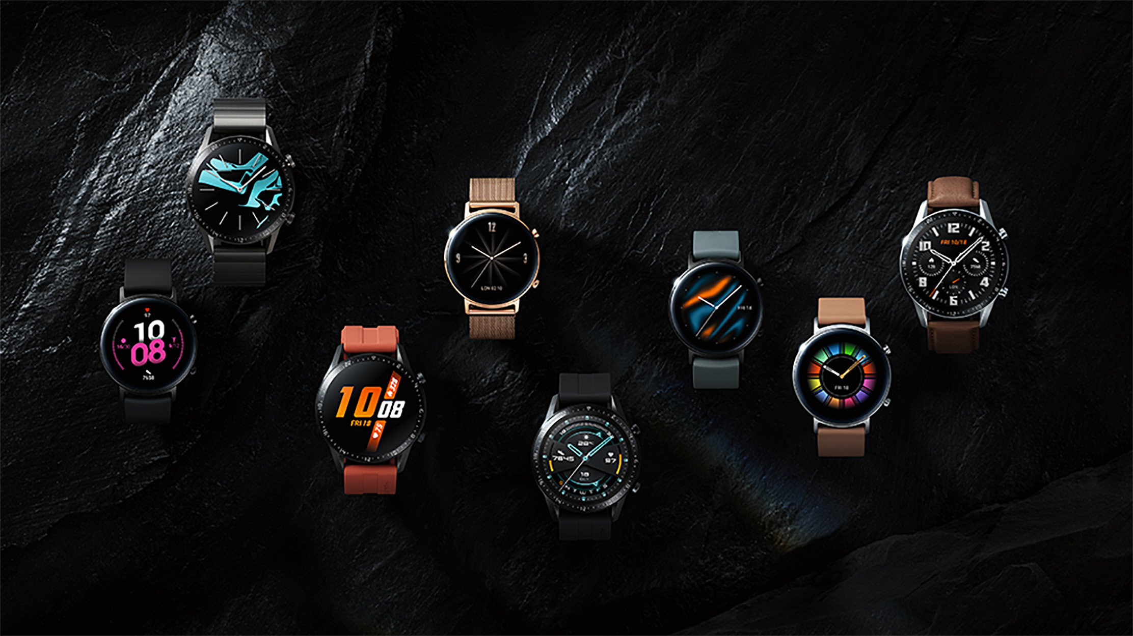 Sammlung von Smartwatches in dunkler Umgebung, mit verschiedenen Zifferblättern und Designs.