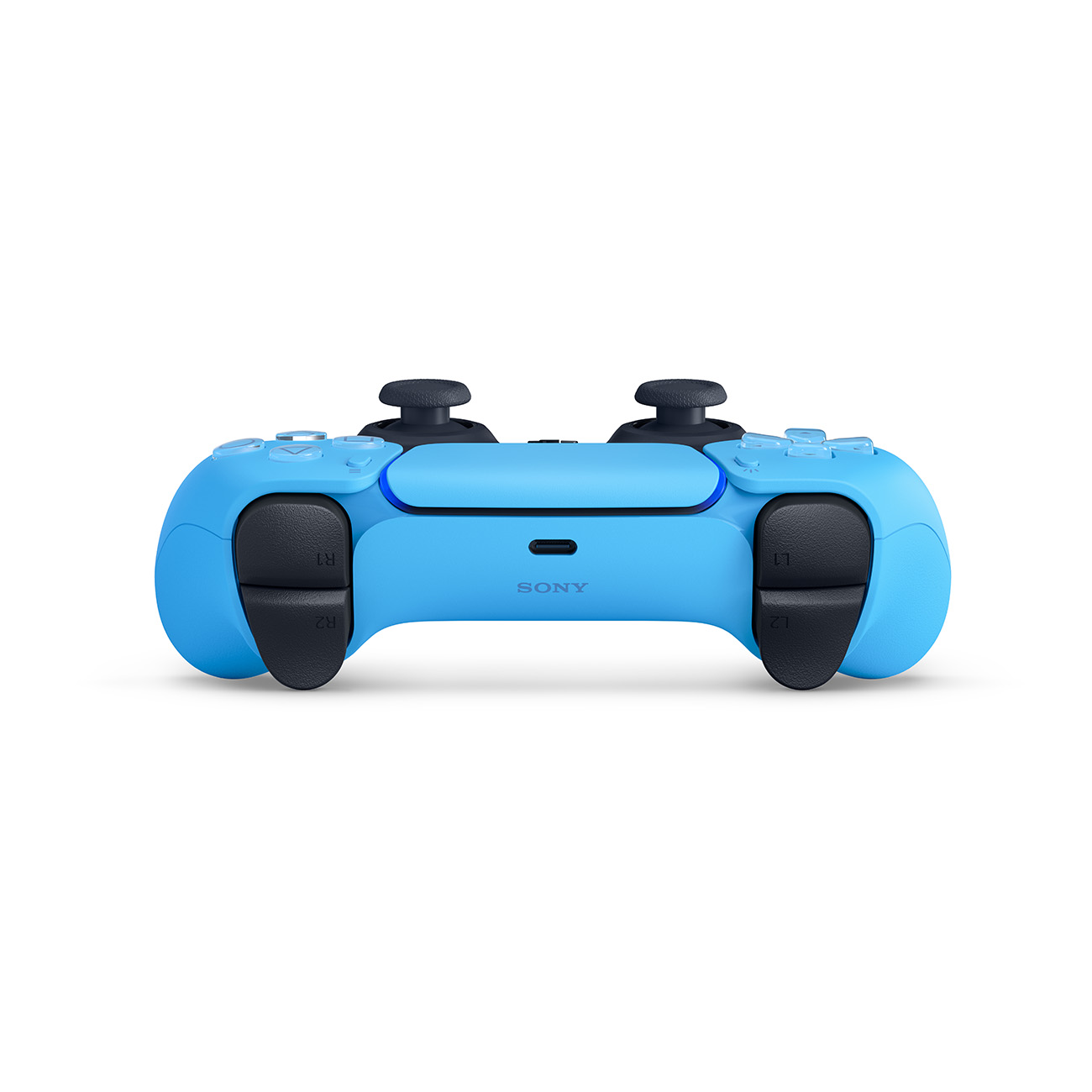 Mavi PlayStation 5 kontrolcüsü. Düğmeler, joystickler ve Sony logosu var.