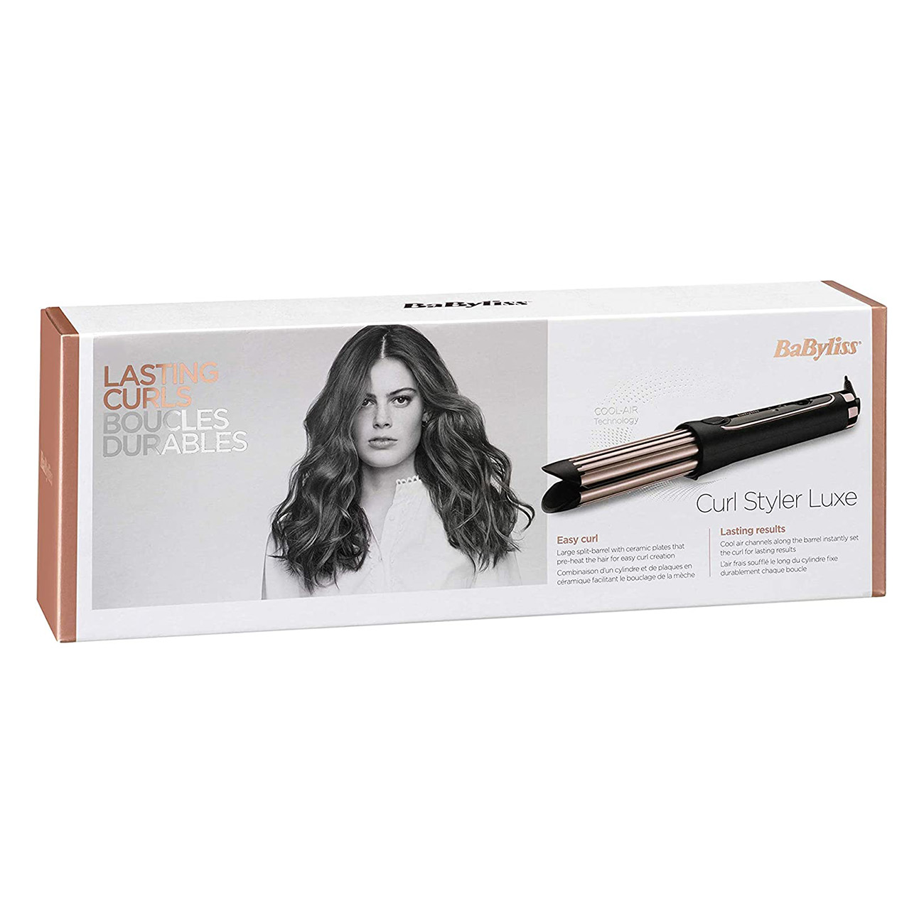Box mit Frau mit welligem Haar und Lockenstab. Text: 'Lasting Curls'.