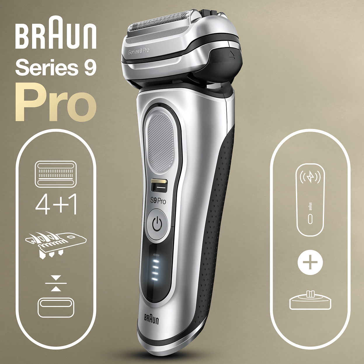 Rasoio Braun Series 9 Pro argento e nero con funzioni e indicatori batteria.