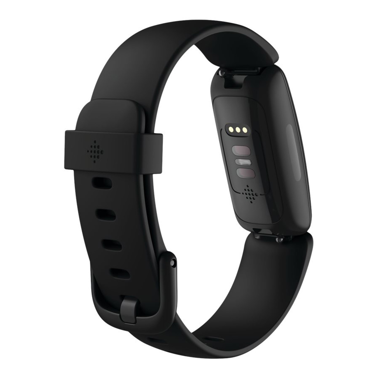 Schwarzer Fitnesstracker. Es hat ein Band und ein Sensormodul. Auf der Rückseite sind drei Lichter zu sehen.