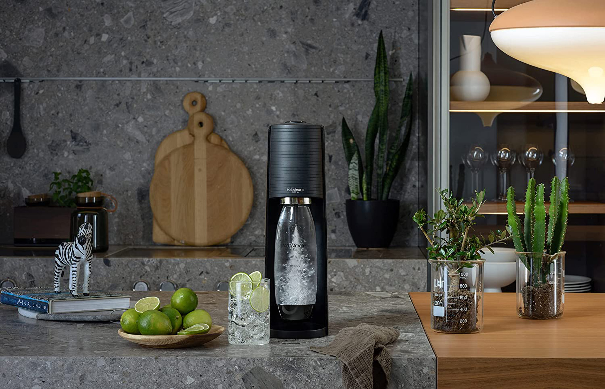 Una scena di cucina con una macchina SodaStream. Ci sono lime, un bicchiere d'acqua e piante.