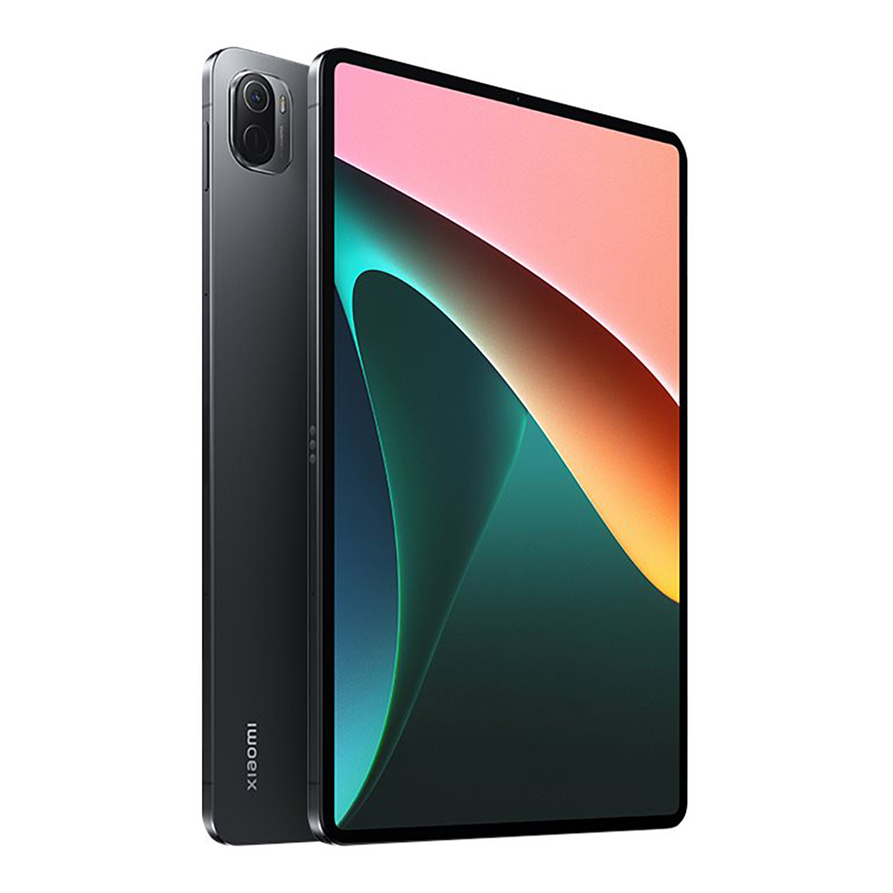 Ein schwarzes und graues Tablet, das einen farbenfrohen Bildschirm zeigt. Es steht auf der Seite.