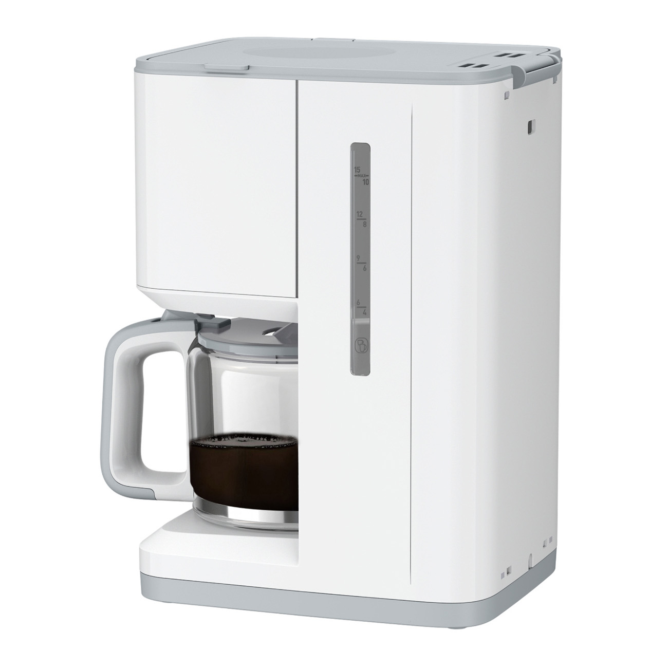 Biało-szary ekspres do kawy ze szklaną karafką wypełnioną kawą i wskaźnikiem poziomu wody.