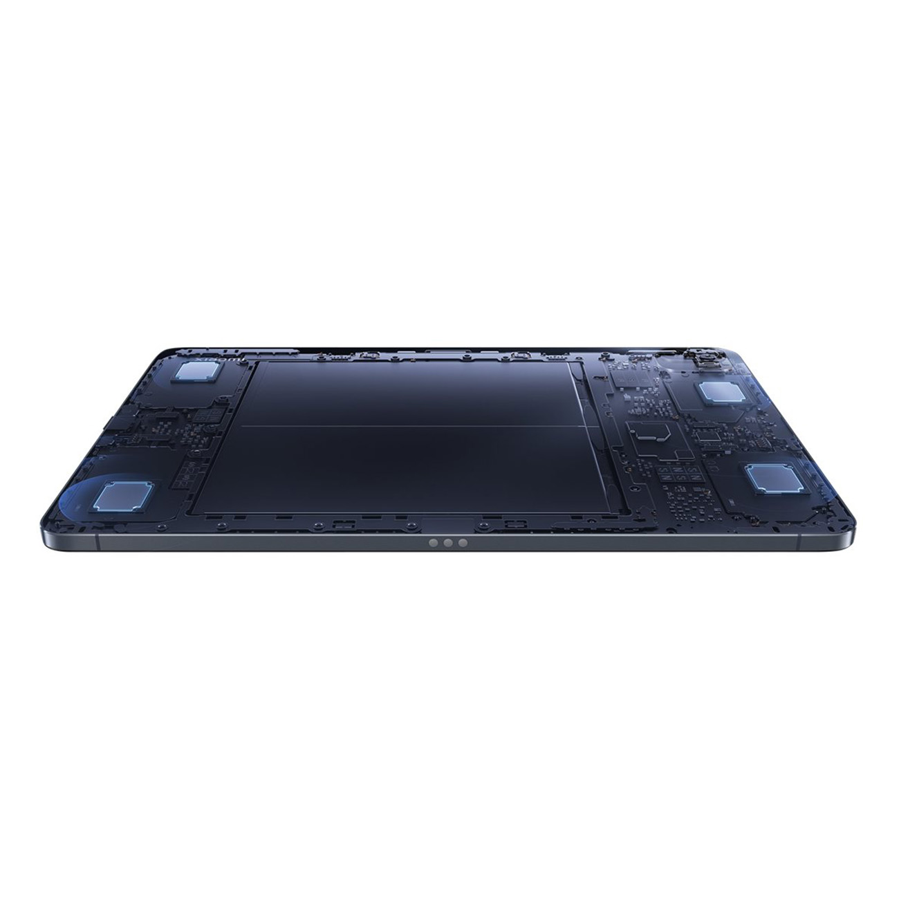 Ein schwarzes Tablet mit hervorgehobenen Komponenten, dargestellt auf weißem Hintergrund.