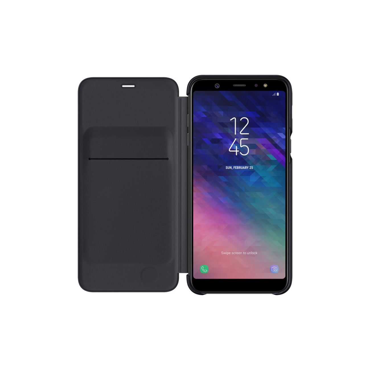 Smartphone nero in una custodia blu scuro, che mostra lo schermo con un orologio.