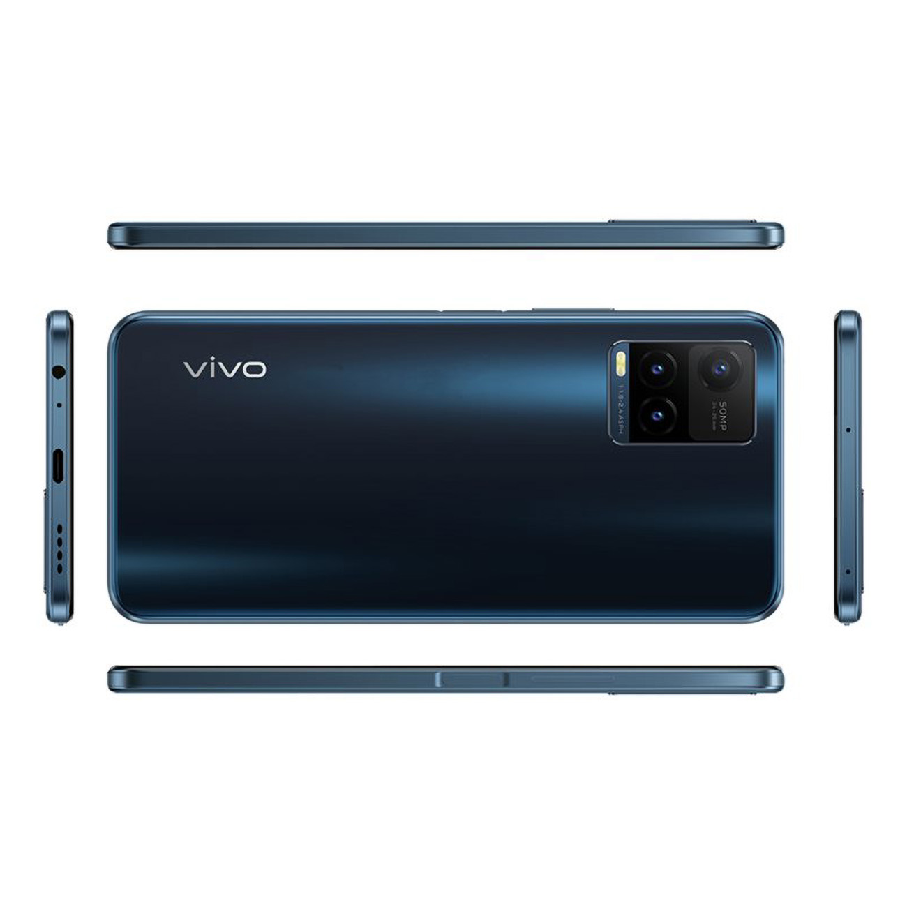 Blaue Smartphone-Rückseite mit Kameras und dem Markennamen VIVO. Seitenansicht Details.
