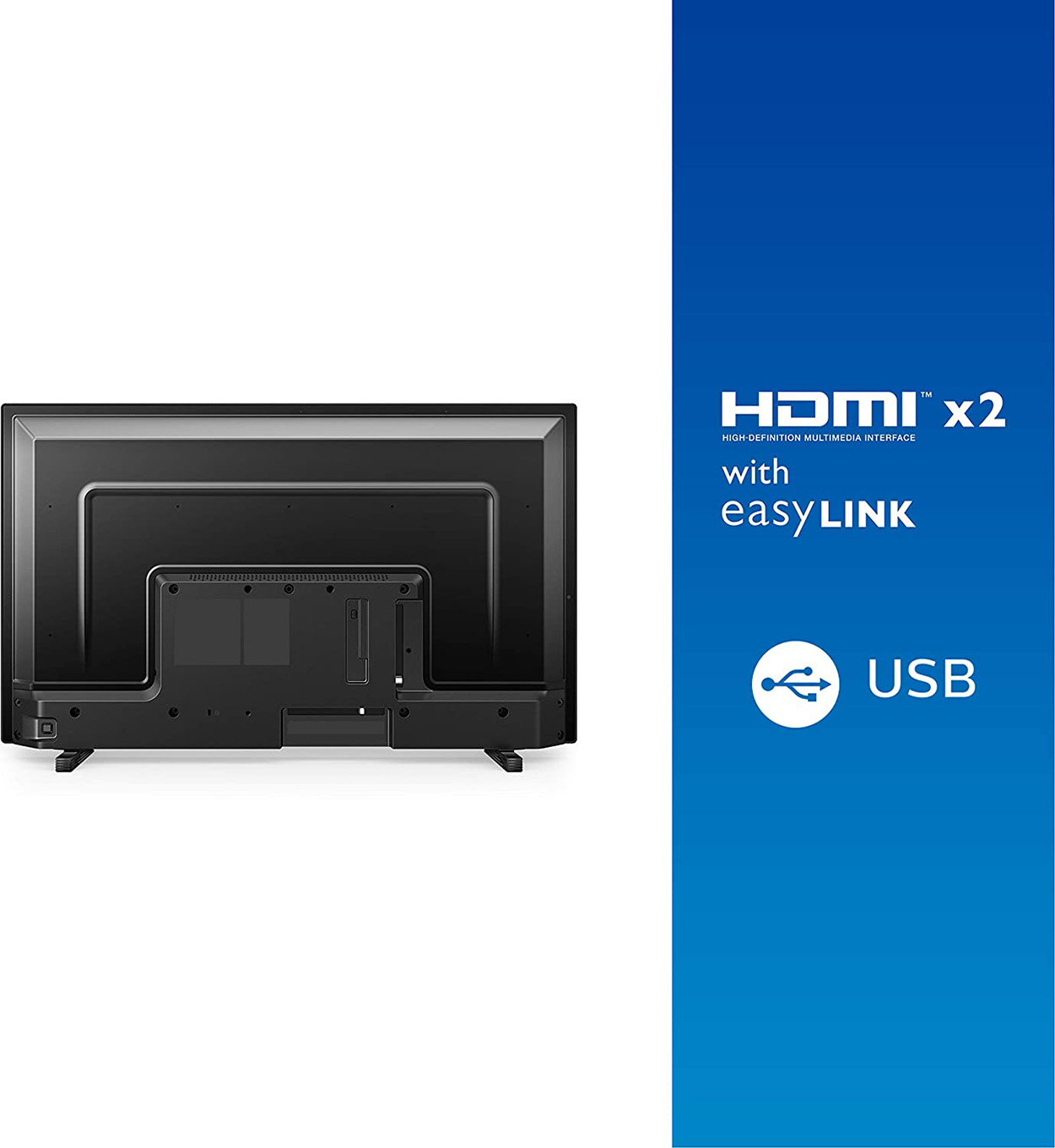 Vista posteriore di un televisore nero con porte HDMI e USB, con il logo easyLink.