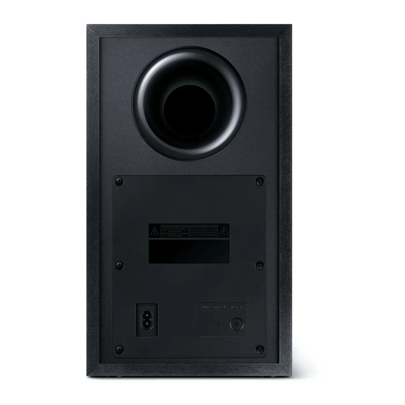 Schwarzer Subwoofer-Lautsprecher mit großer kreisförmiger Öffnung und rechteckiger Rückwand.