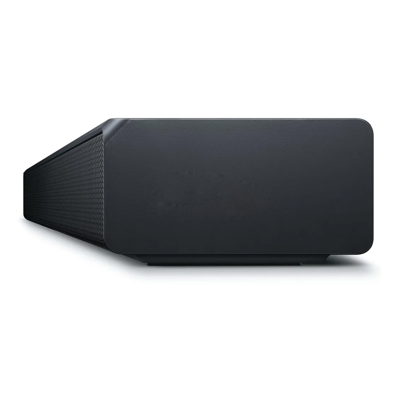 Schwarze Soundbar auf weißer Oberfläche. Sie ist rechteckig mit einer Mesh-Front.