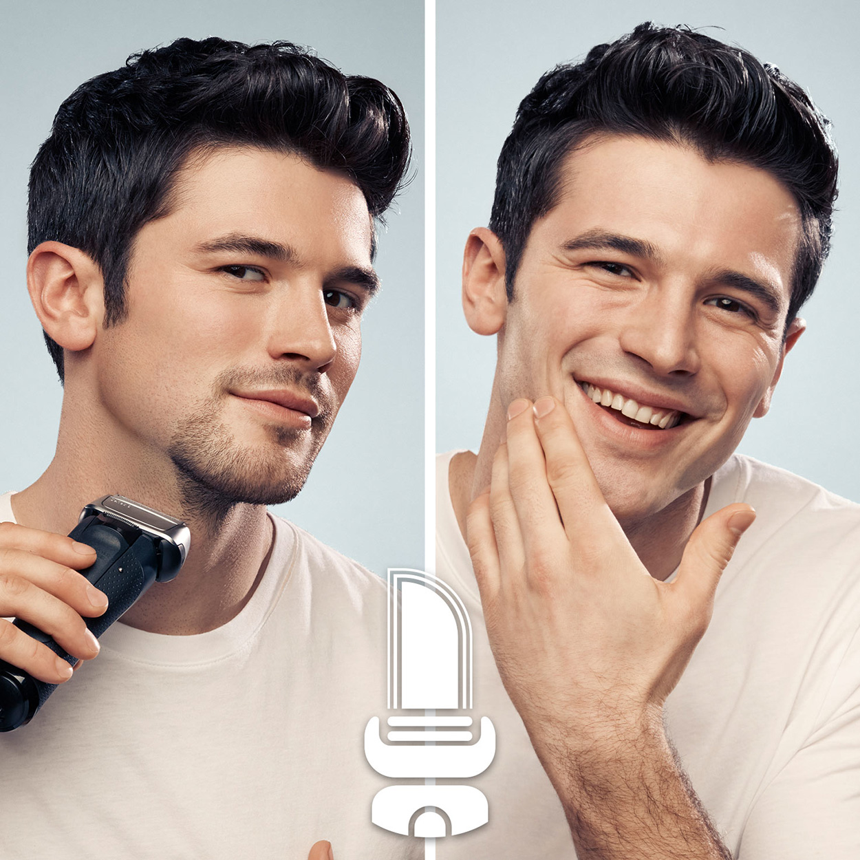 Un hombre se afeita. Izquierda, usando una afeitadora. Derecha, sonriendo con piel suave.
