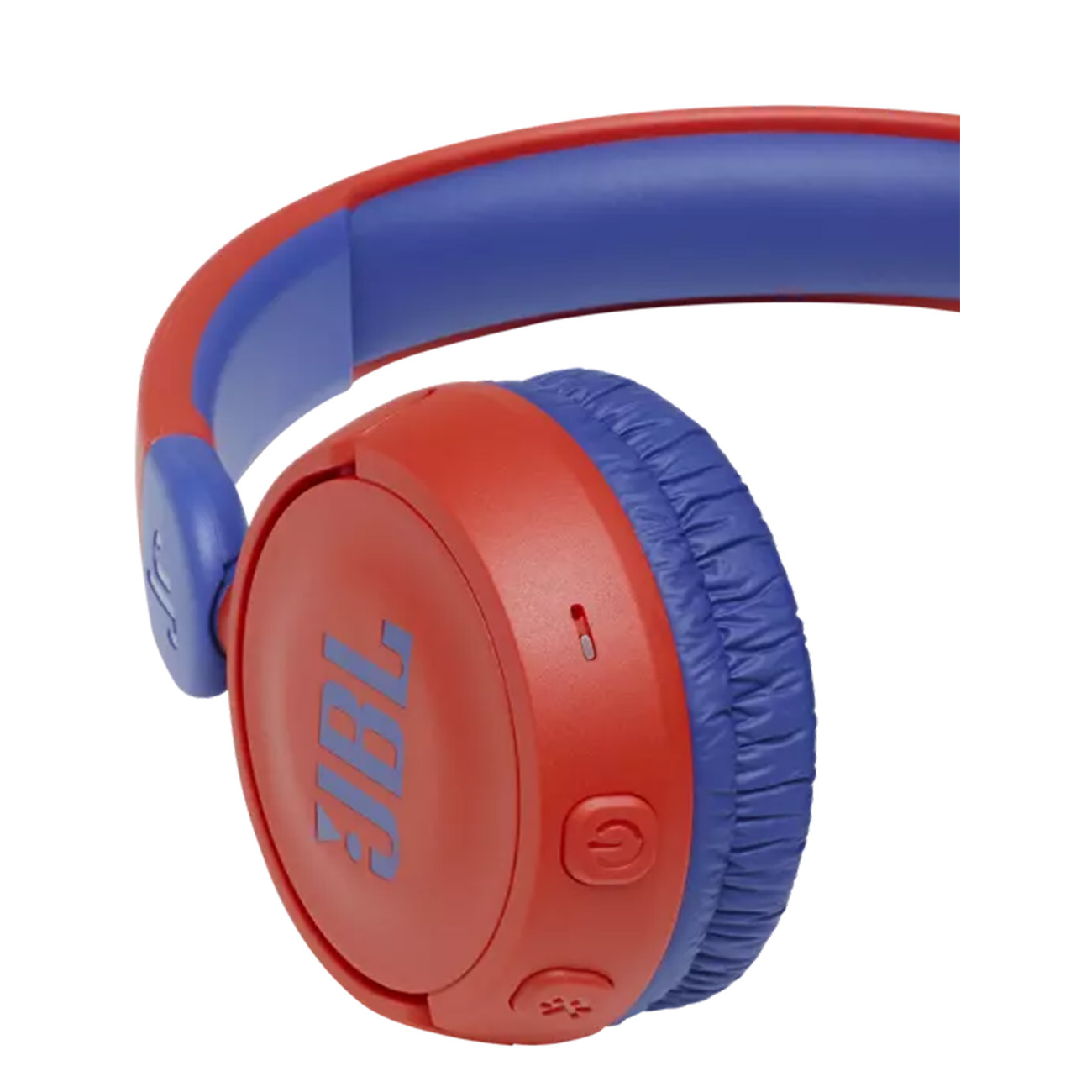 Czerwono-niebieskie słuchawki z logo JBL. Tło jest białe.